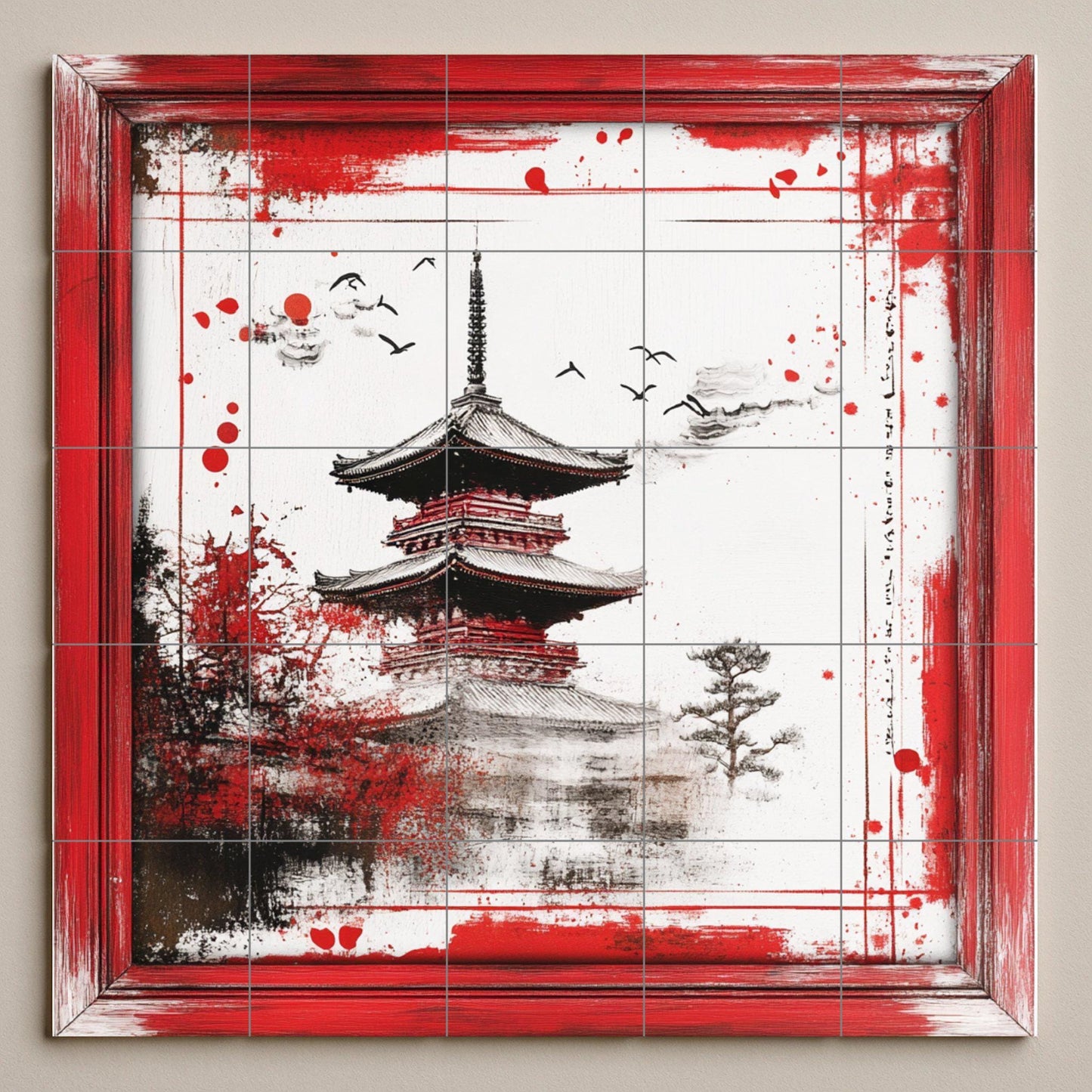 Japanese pagoda ceramic mural: artwork on red and black ink tiles with brushstroke borders and an elegant Zen landscape.