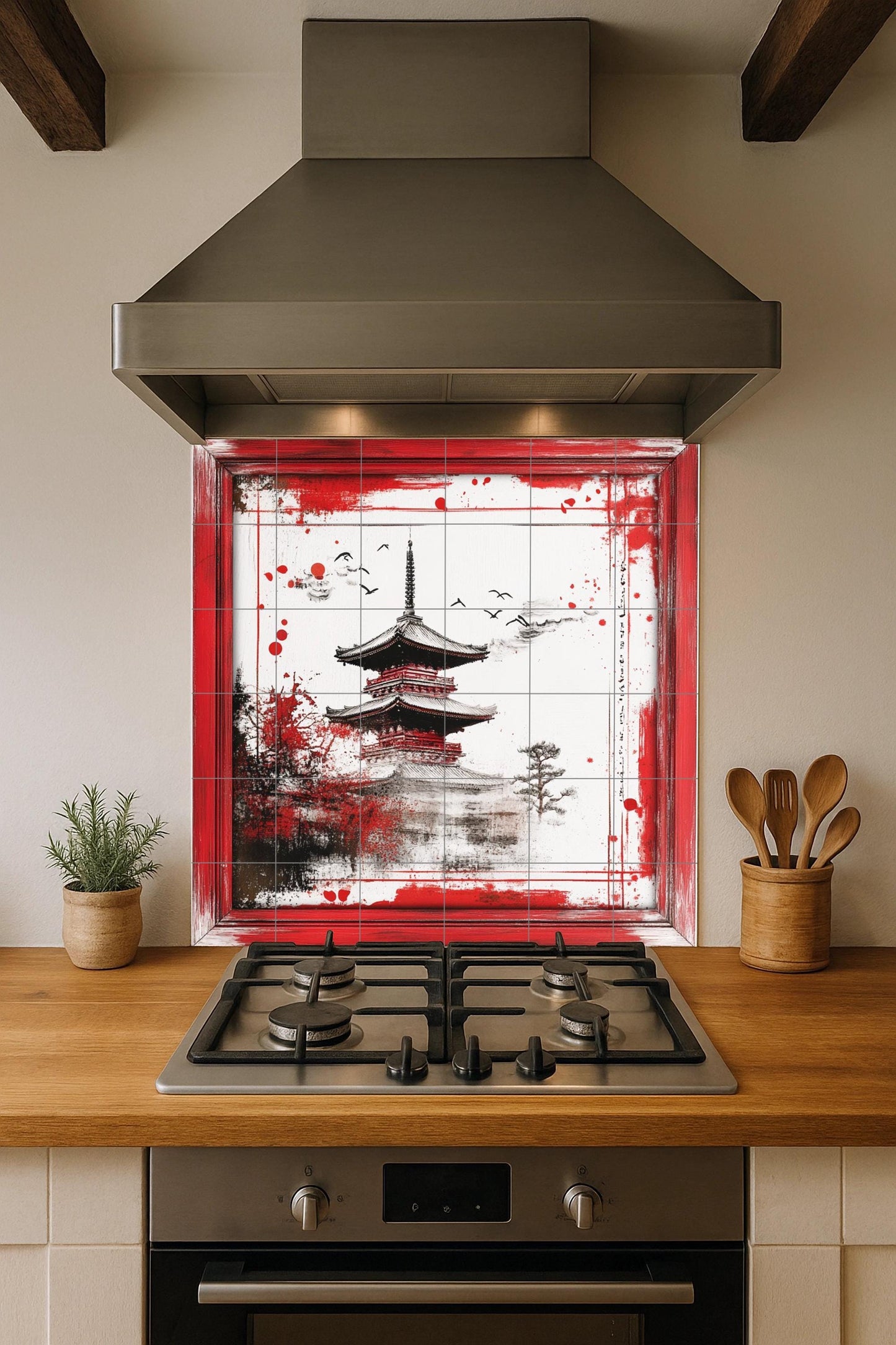 Japanese pagoda ceramic mural: artwork on red and black ink tiles with brushstroke borders and an elegant Zen landscape.