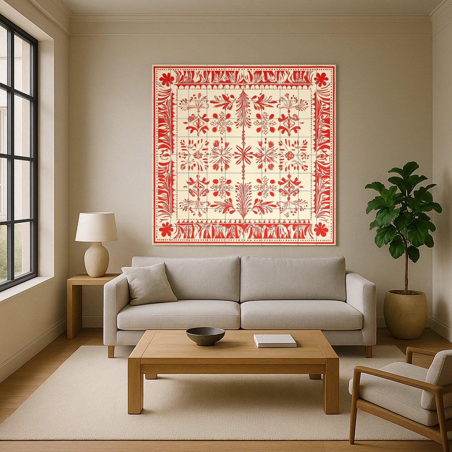 Red and white ceramic mural: Baltic folk-inspired tile artwork with Latvian Lielvārde sash motifs and ornamental textile borders.