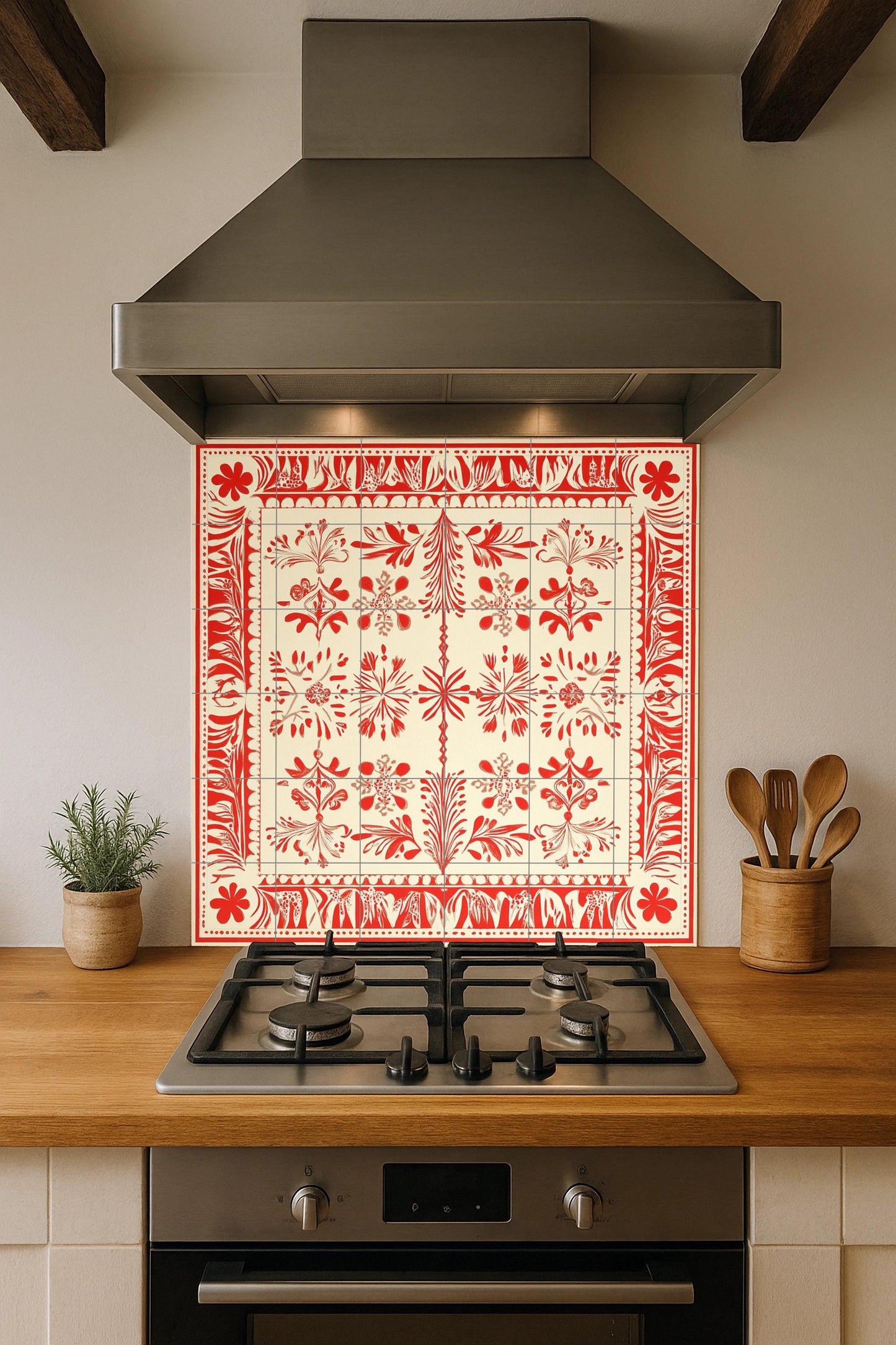 Red and white ceramic mural: Baltic folk-inspired tile artwork with Latvian Lielvārde sash motifs and ornamental textile borders.