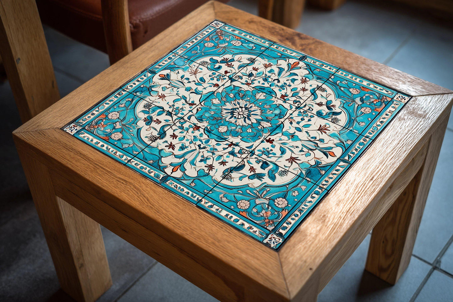 Turquoise and white ceramic mural: arabesque floral artwork with intricate Lebanese-inspired patterns and an elegant border design.