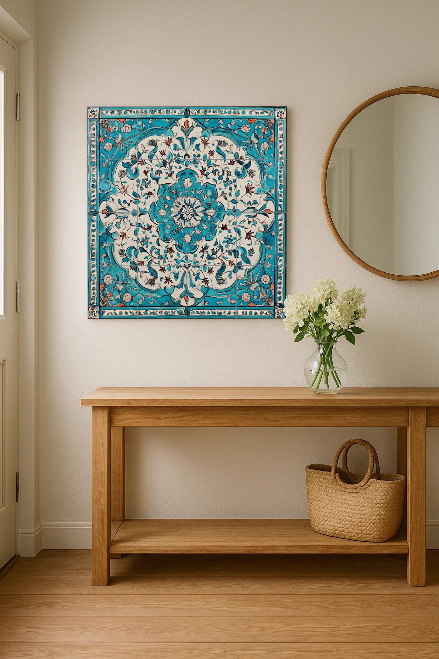 Turquoise and white ceramic mural: arabesque floral artwork with intricate Lebanese-inspired patterns and an elegant border design.