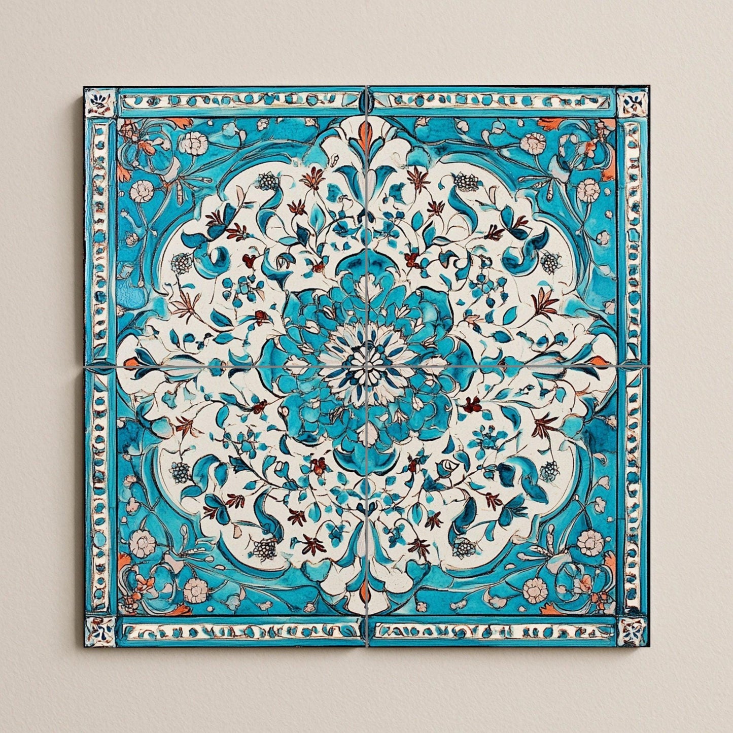 Turquoise and white ceramic mural: arabesque floral artwork with intricate Lebanese-inspired patterns and an elegant border design.