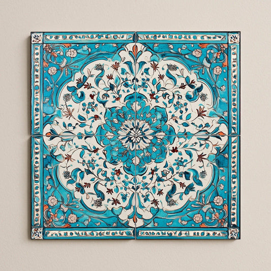 Turquoise and white ceramic mural: arabesque floral artwork with intricate Lebanese-inspired patterns and an elegant border design.