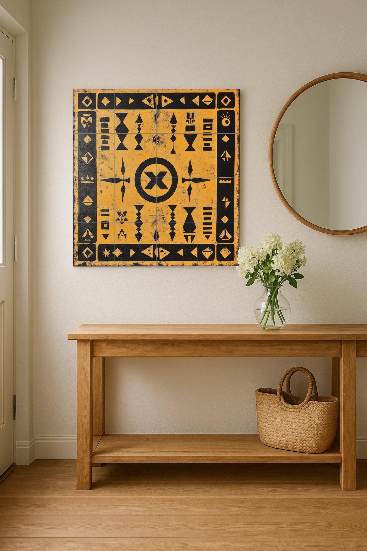 Geometric ceramic mural in black and ochre: symbolic tribal art on tiles with striking Amazigh patterns and decorative motifs.