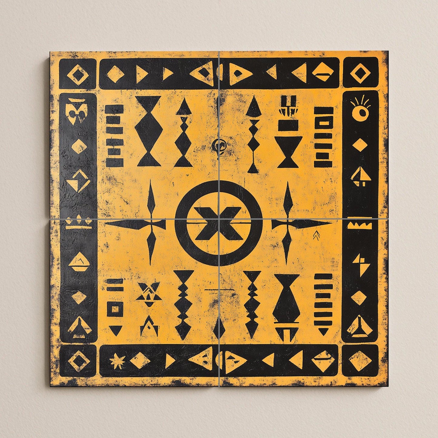 Geometric ceramic mural in black and ochre: symbolic tribal art on tiles with striking Amazigh patterns and decorative motifs.