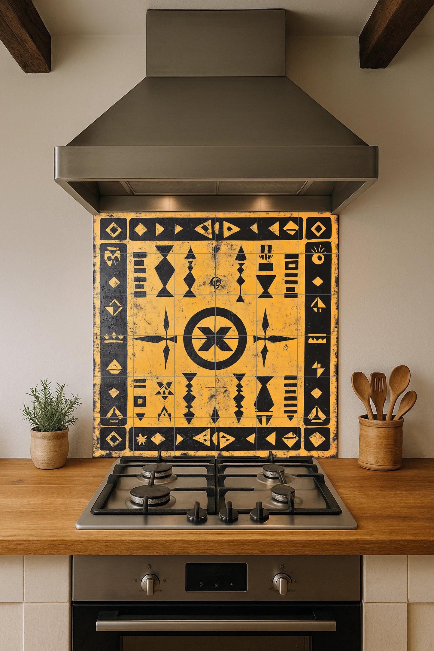 Geometric ceramic mural in black and ochre: symbolic tribal art on tiles with striking Amazigh patterns and decorative motifs.