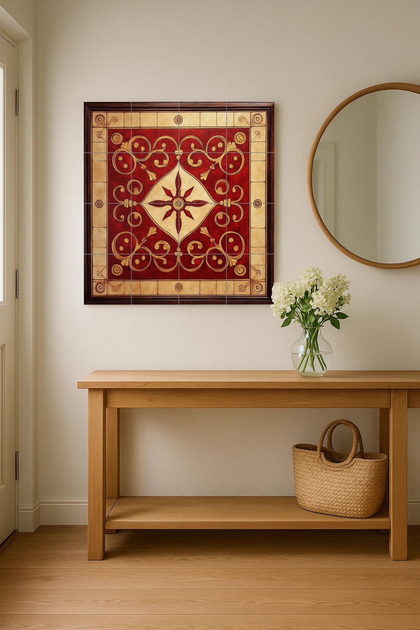 Red and gold ornamental ceramic mural: intricate spiral work, majestic geometric center, elegant decorative tile artwork.