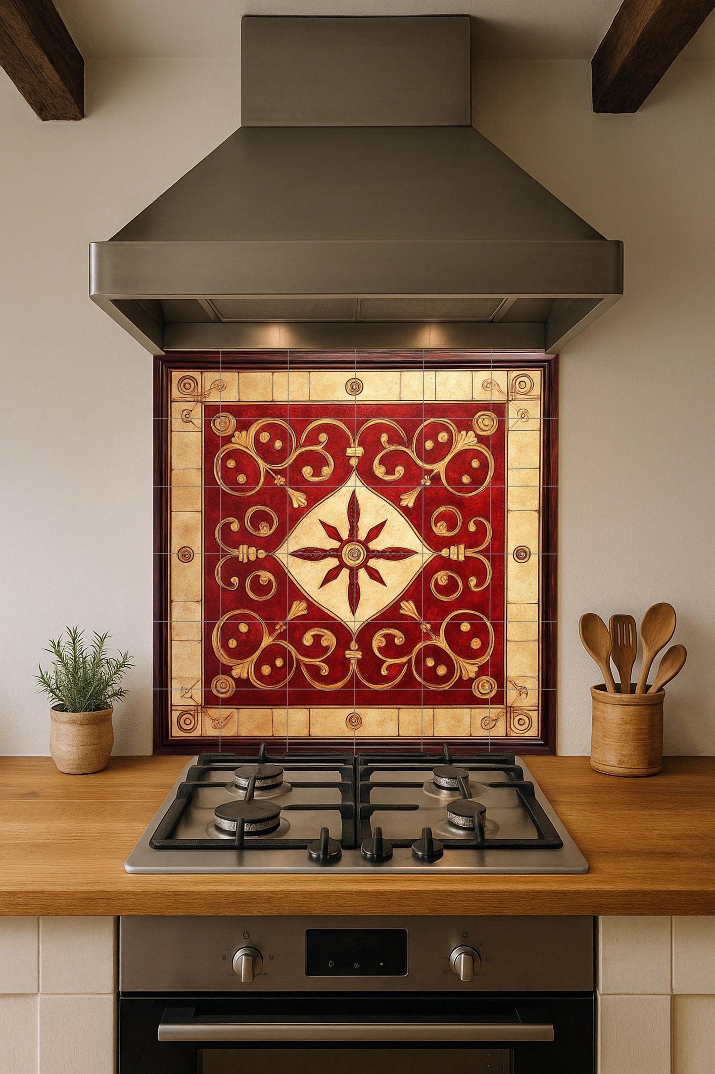 Red and gold ornamental ceramic mural: intricate spiral work, majestic geometric center, elegant decorative tile artwork.