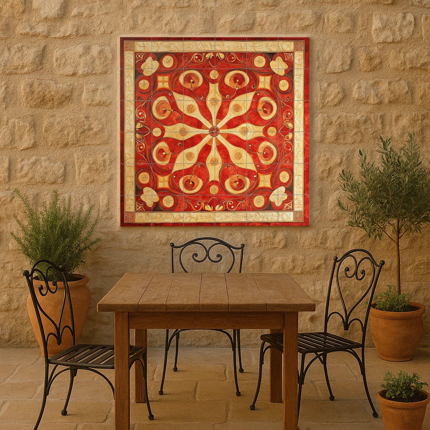 Byzantine ceramic mural from the Balkans: tile art with red and gold floral symmetry, heritage mural panel from Skopje, Belgrade and Sofia, cultural decoration.