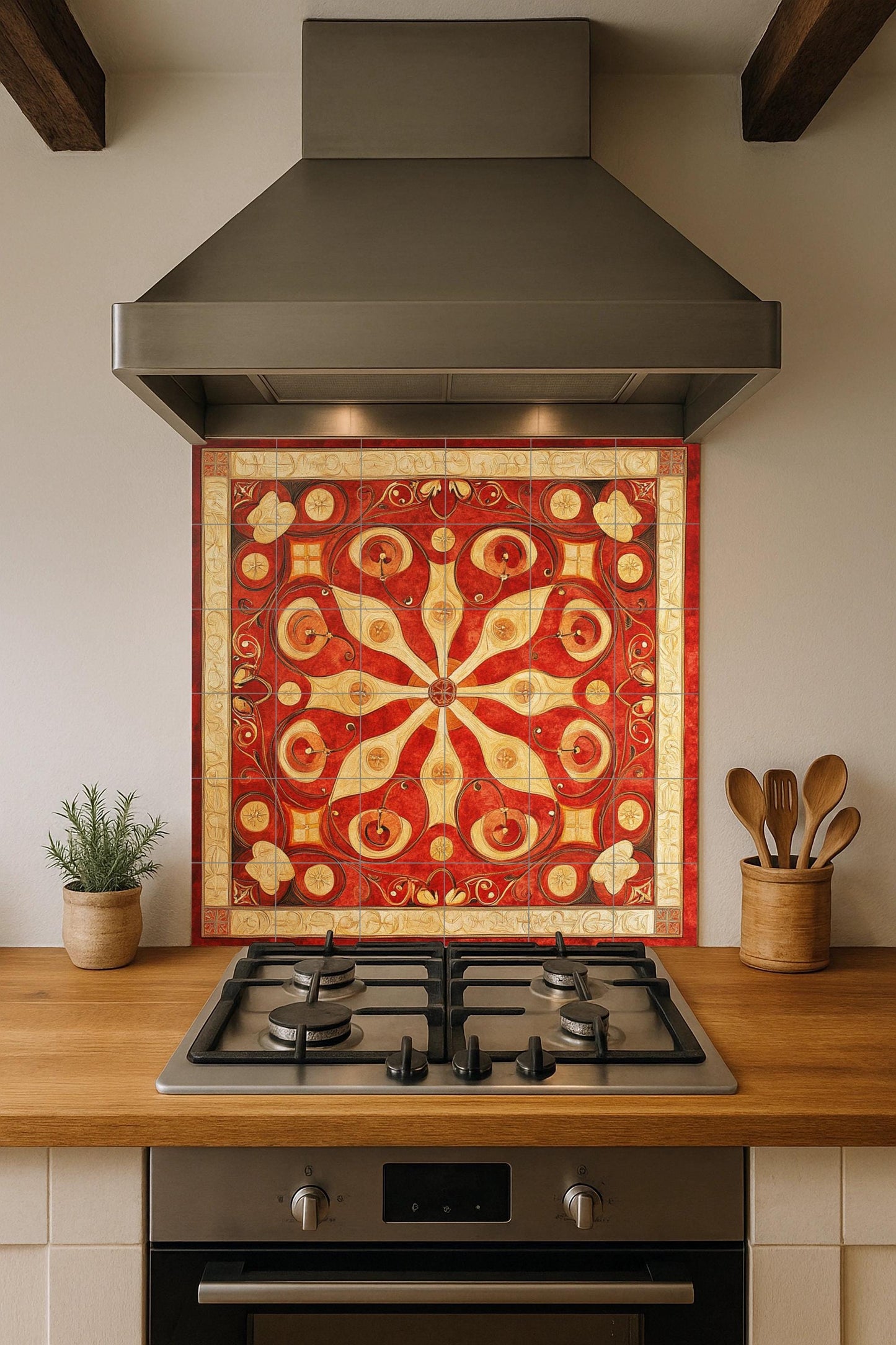 Byzantine ceramic mural from the Balkans: tile art with red and gold floral symmetry, heritage mural panel from Skopje, Belgrade and Sofia, cultural decoration.