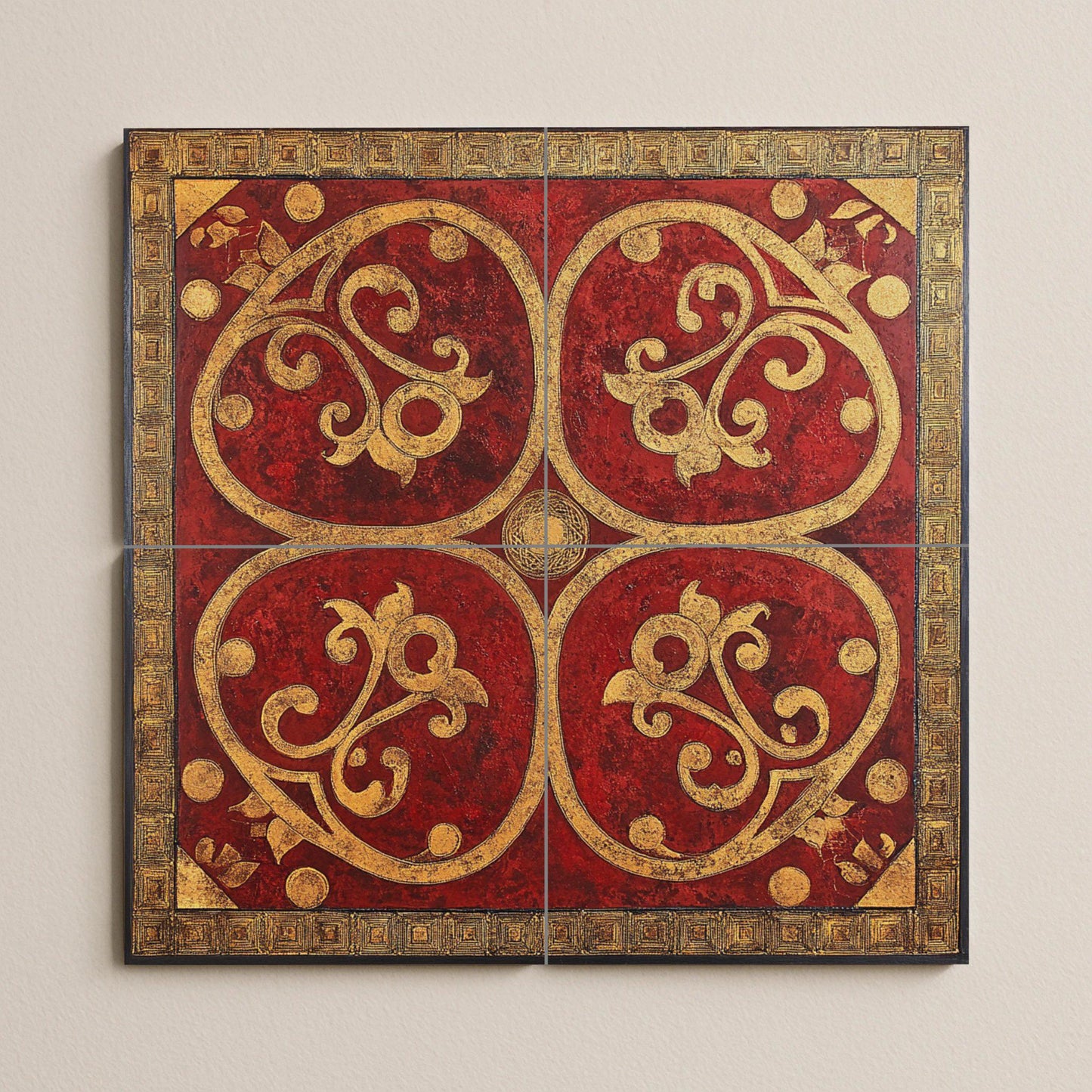 Byzantine Balkan ceramic mural: ornamental art in red and gold tiles, Serbian-Montenegrin-Macedonian decorative wall panel.