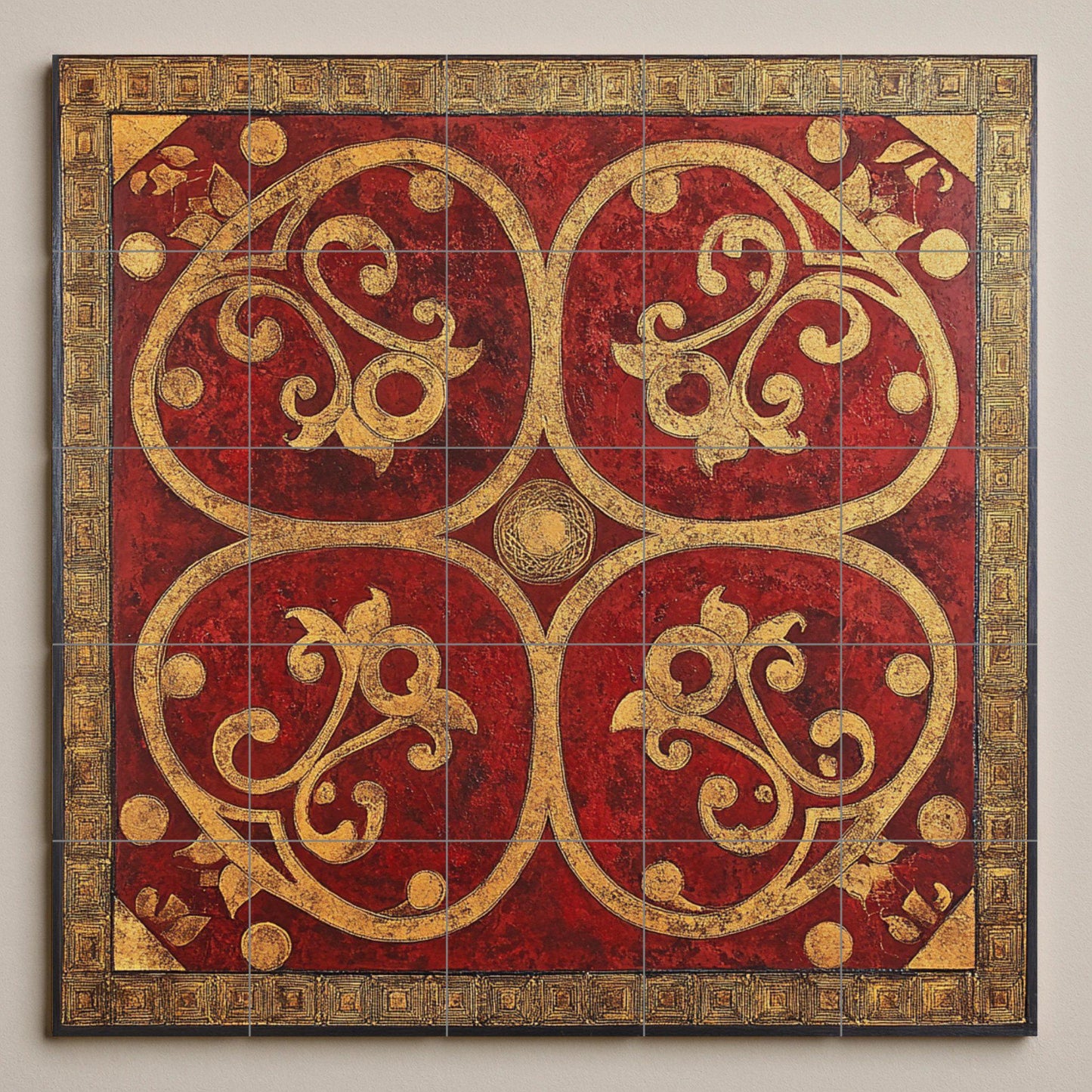 Byzantine Balkan ceramic mural: ornamental art in red and gold tiles, Serbian-Montenegrin-Macedonian decorative wall panel.