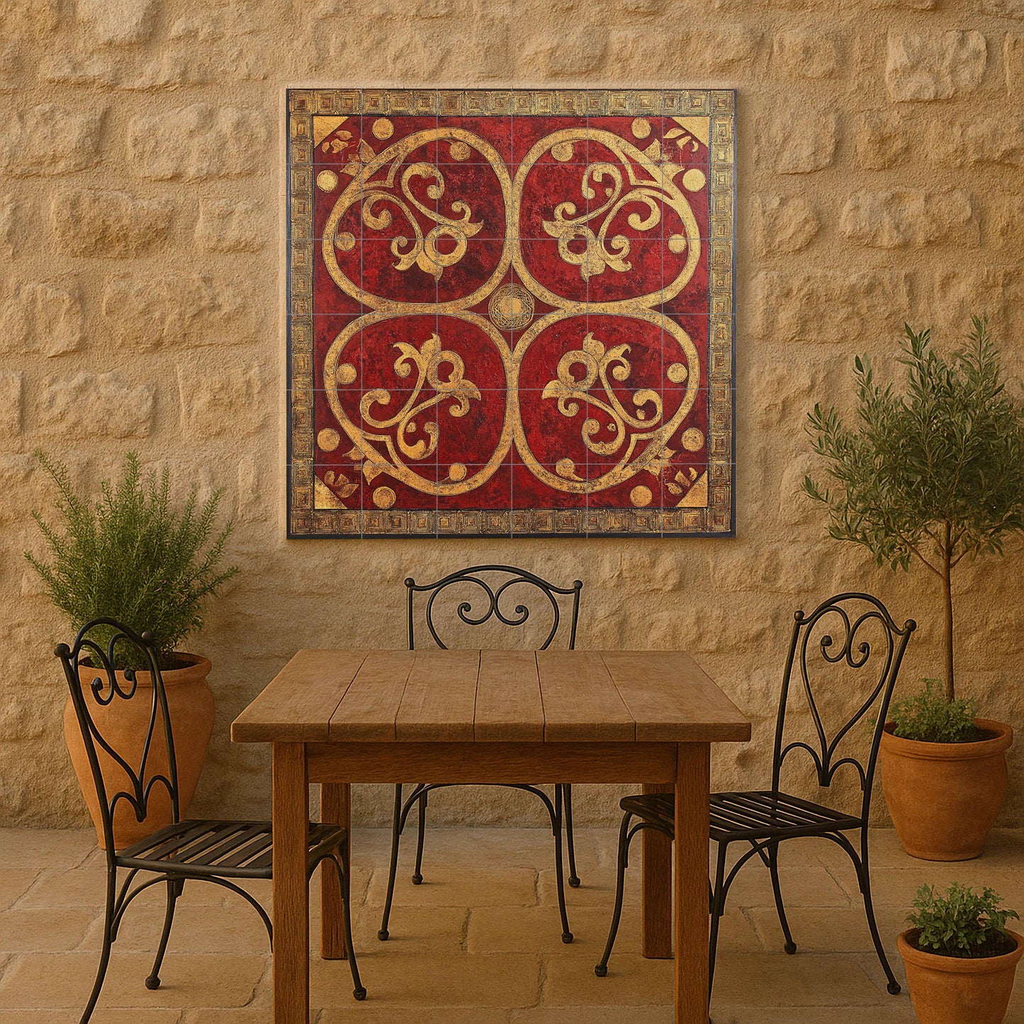 Byzantine Balkan ceramic mural: ornamental art in red and gold tiles, Serbian-Montenegrin-Macedonian decorative wall panel.