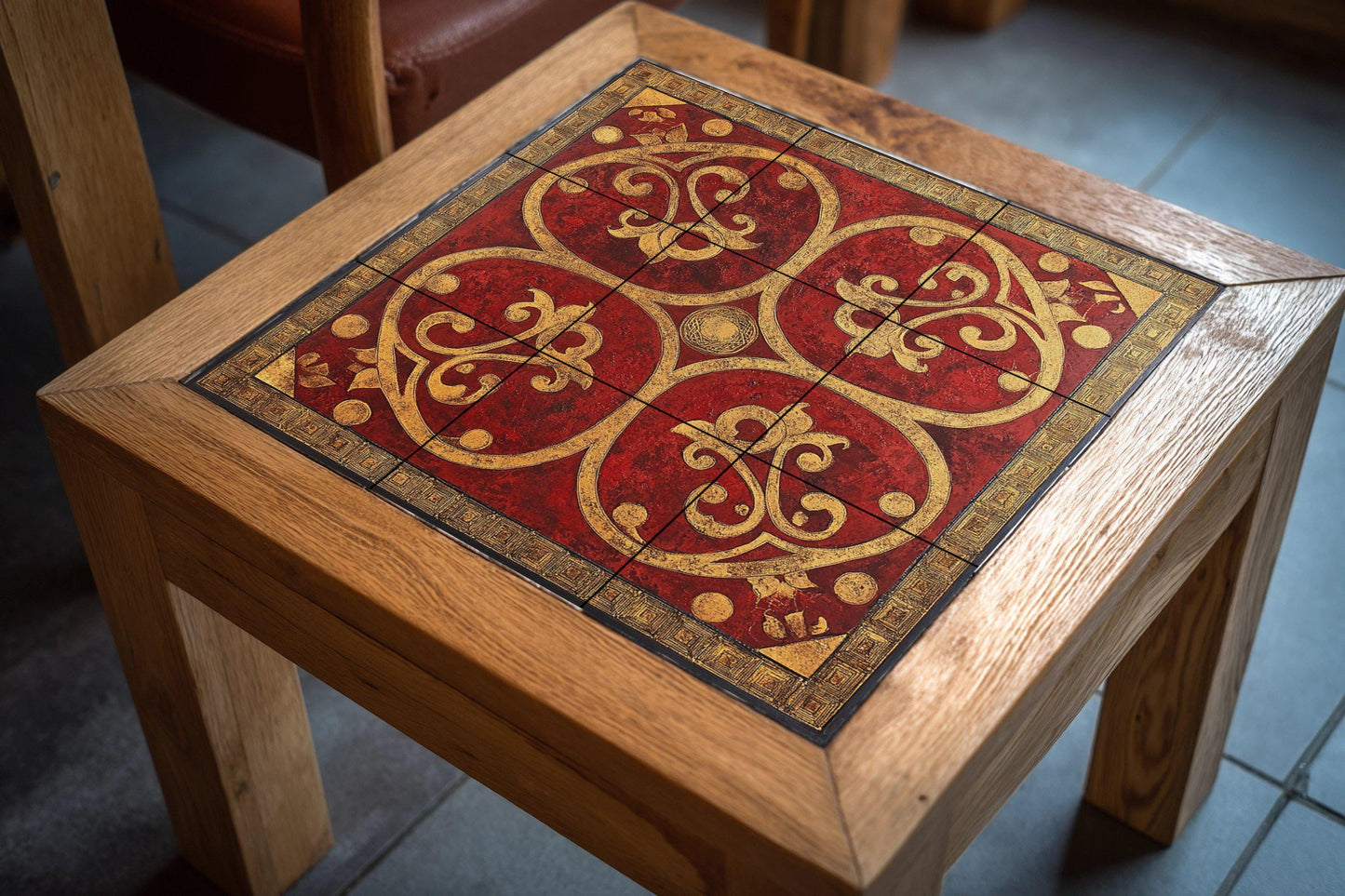 Byzantine Balkan ceramic mural: ornamental art in red and gold tiles, Serbian-Montenegrin-Macedonian decorative wall panel.