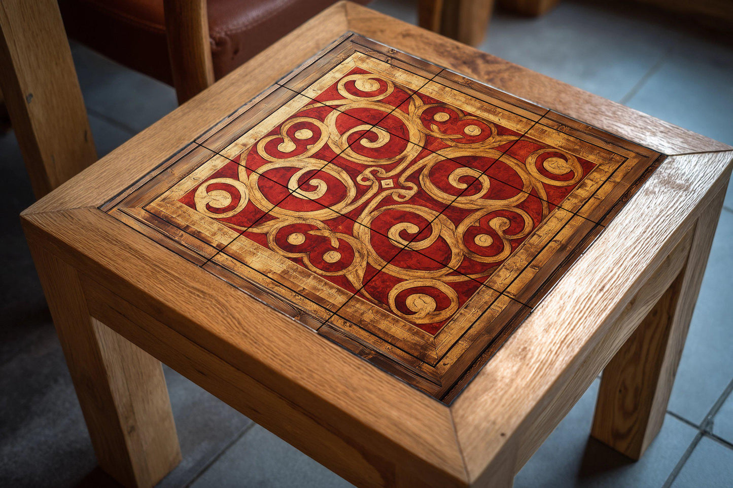 Macedonian Byzantine ceramic mural: red and gold spiral tile art with cross motifs, framed decorative wall panel in fresco style.