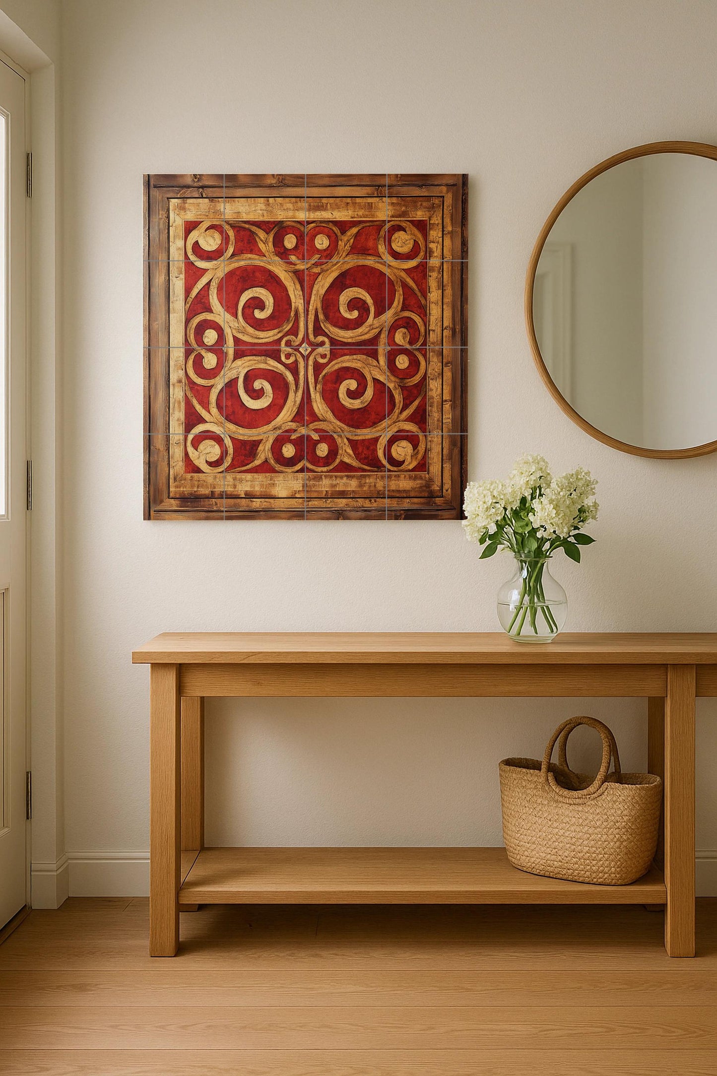 Macedonian Byzantine ceramic mural: red and gold spiral tile art with cross motifs, framed decorative wall panel in fresco style.