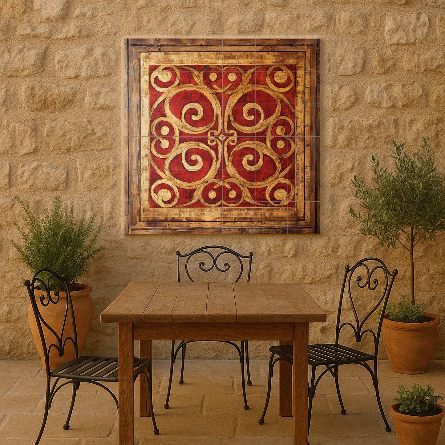 Macedonian Byzantine ceramic mural: red and gold spiral tile art with cross motifs, framed decorative wall panel in fresco style.