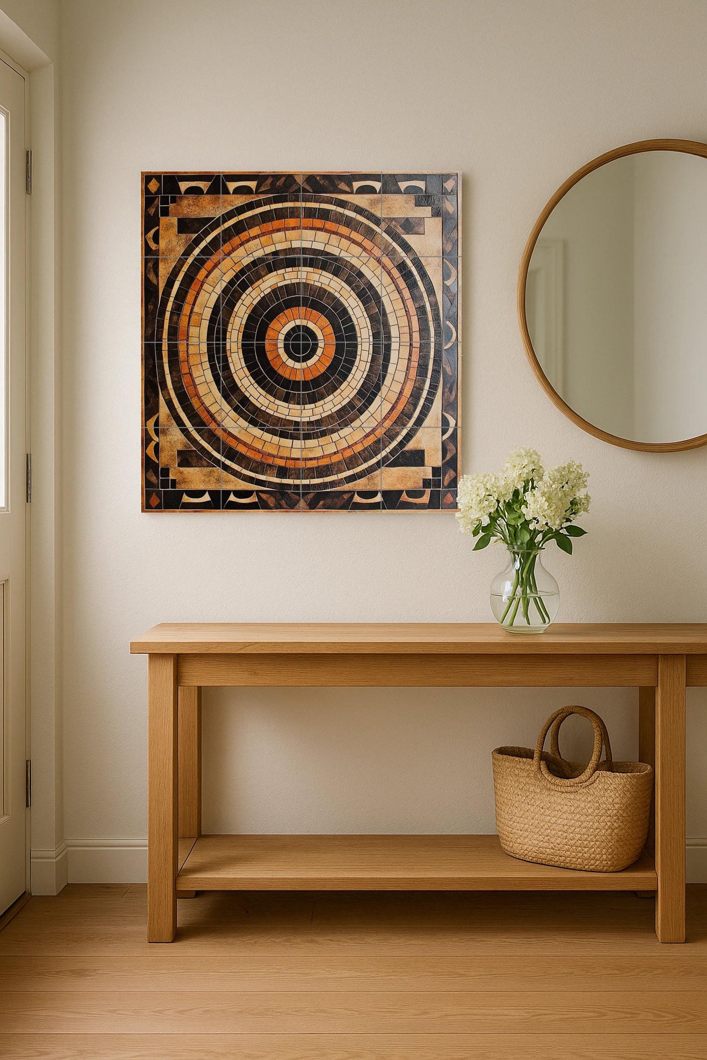 Ceramic mosaic-style mural: concentric tile art in earth tones, geometric wall panel, decorative architectural design