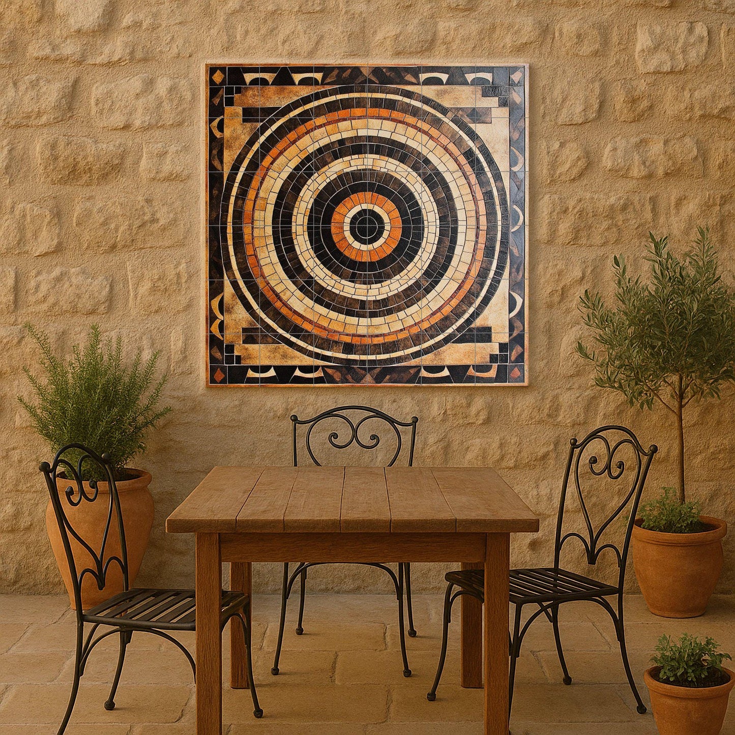 Ceramic mosaic-style mural: concentric tile art in earth tones, geometric wall panel, decorative architectural design