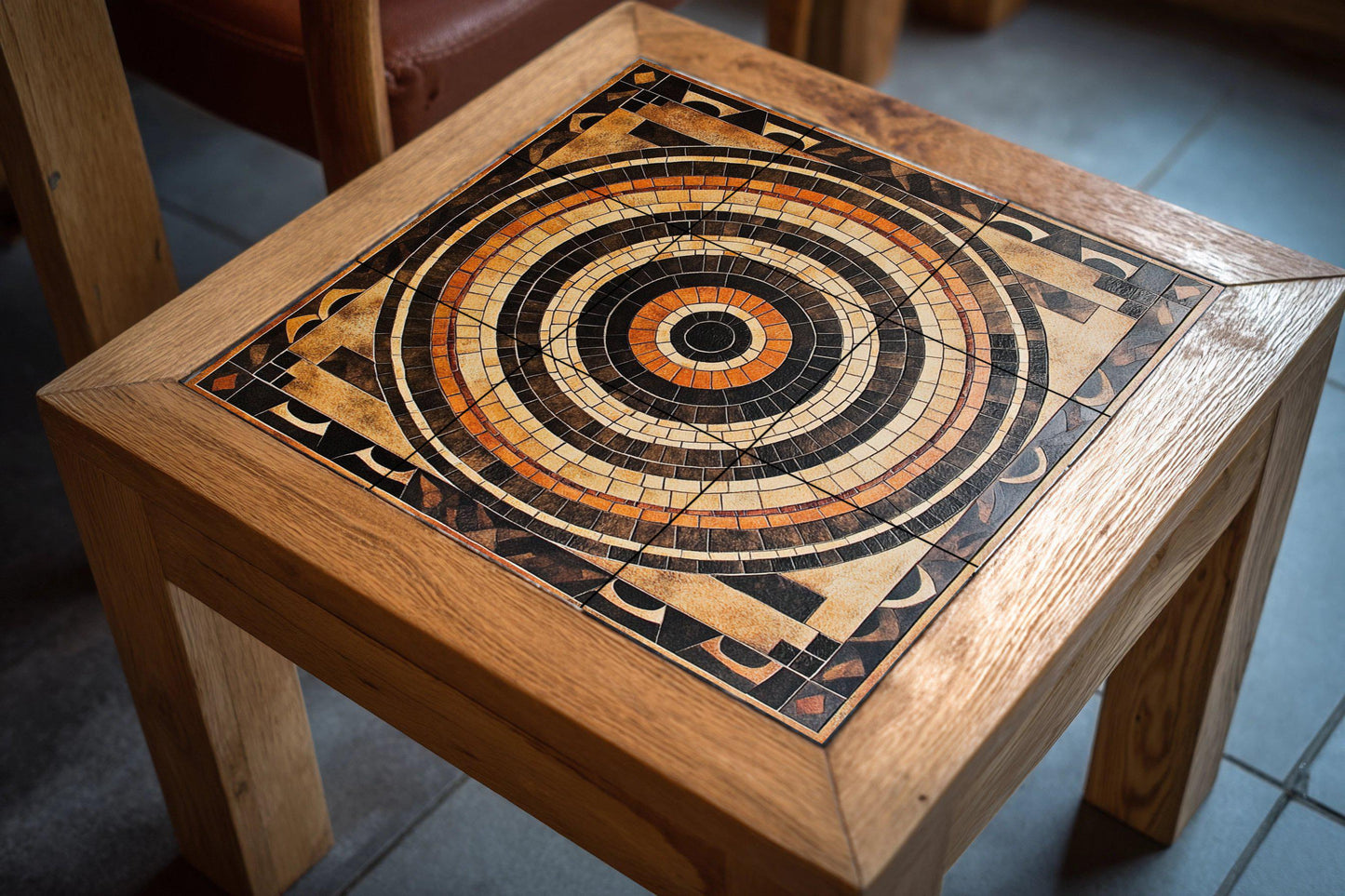 Ceramic mosaic-style mural: concentric tile art in earth tones, geometric wall panel, decorative architectural design