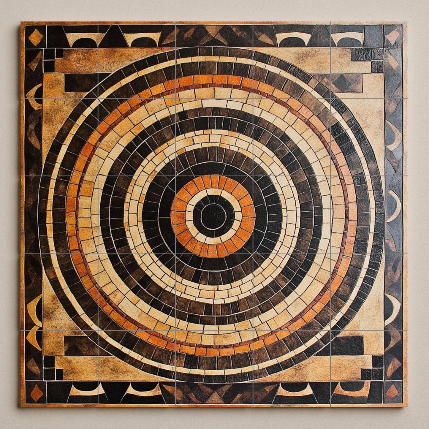 Ceramic mosaic-style mural: concentric tile art in earth tones, geometric wall panel, decorative architectural design