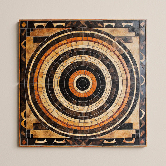 Ceramic mosaic-style mural: concentric tile art in earth tones, geometric wall panel, decorative architectural design