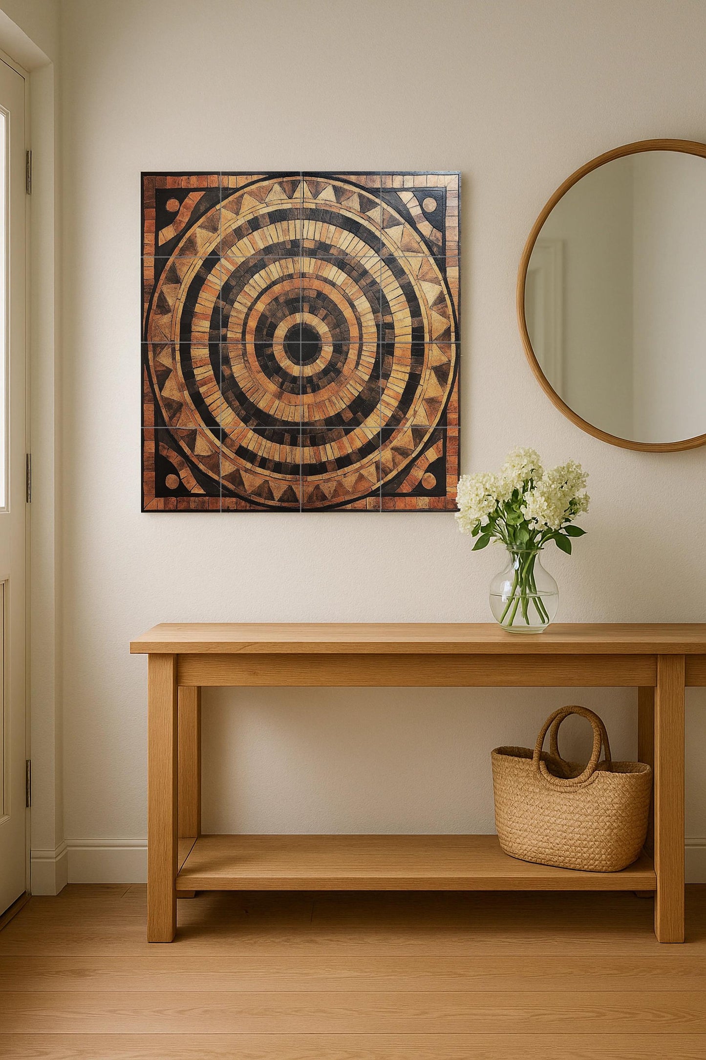 Circular ceramic mural in wood style: earthy concentric tile art, tribal-inspired wall panel, rustic design with decorative pattern.