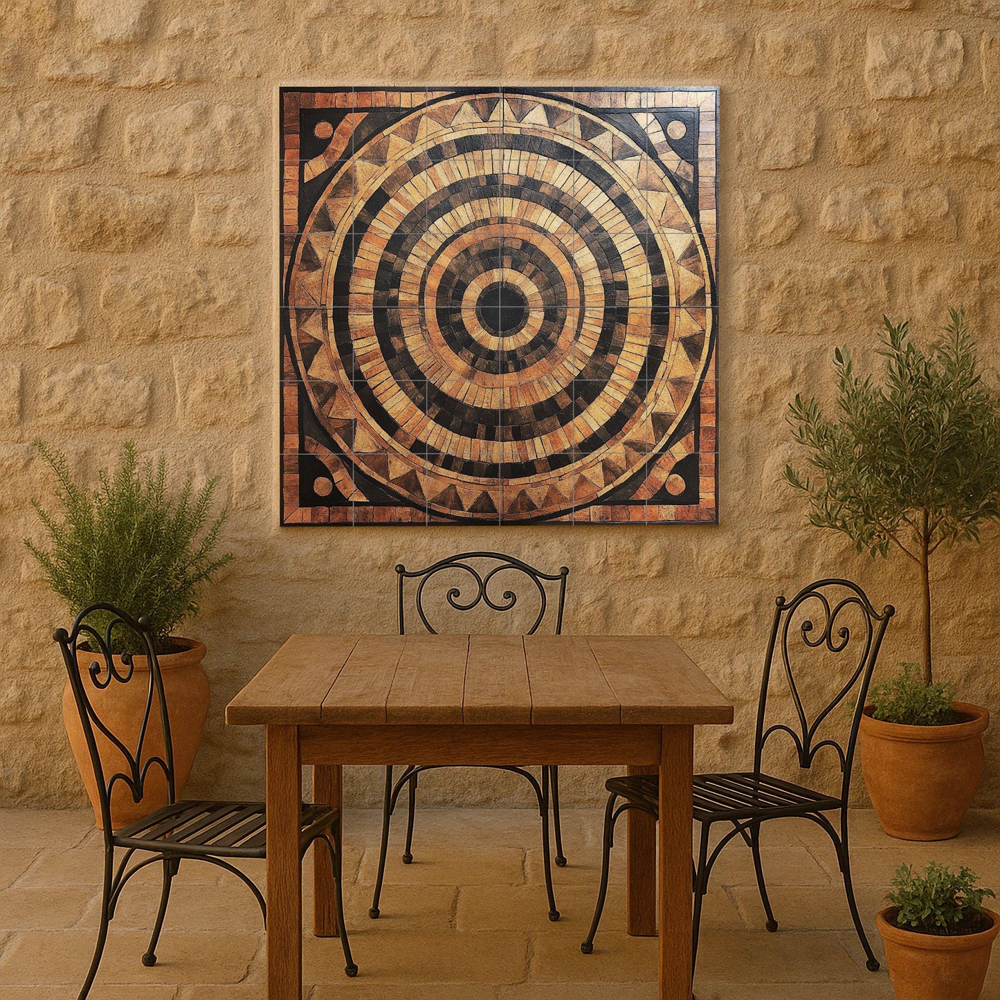 Circular ceramic mural in wood style: earthy concentric tile art, tribal-inspired wall panel, rustic design with decorative pattern.