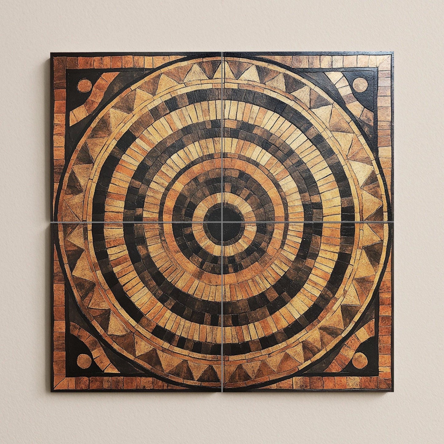 Circular ceramic mural in wood style: earthy concentric tile art, tribal-inspired wall panel, rustic design with decorative pattern.