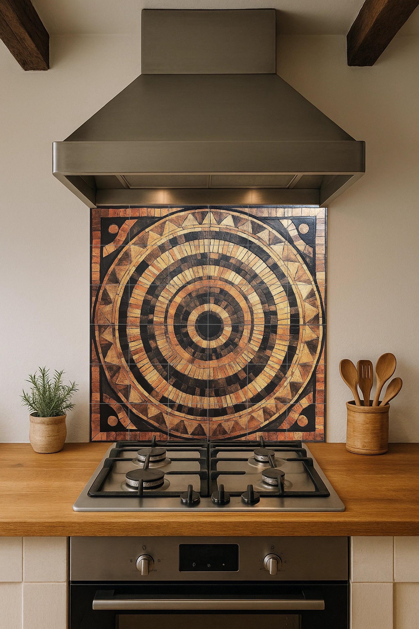 Circular ceramic mural in wood style: earthy concentric tile art, tribal-inspired wall panel, rustic design with decorative pattern.