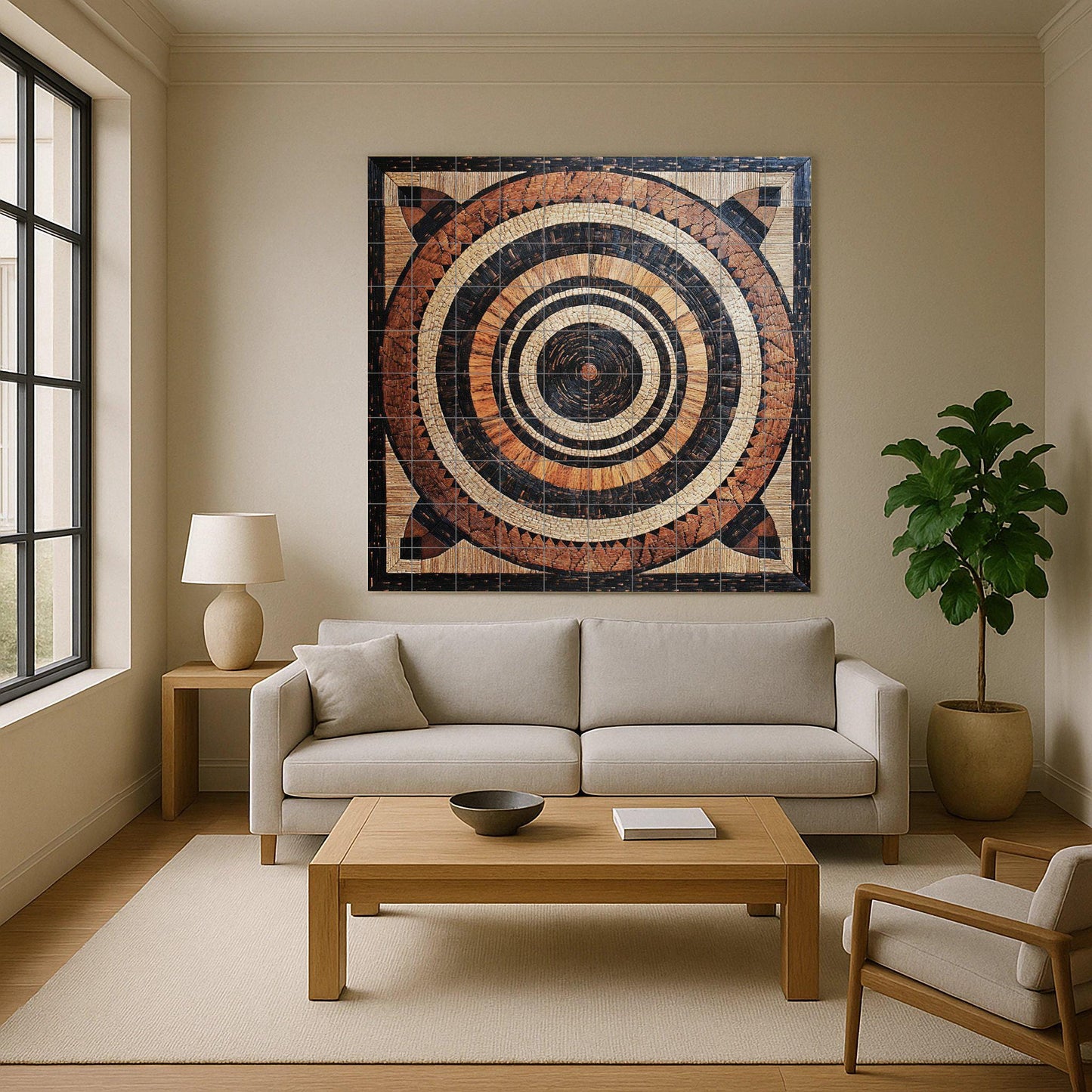 Malawian basket ceramic mural: Tribal art with concentric tiles, wall panel with earthy weave pattern, African-inspired decorative design