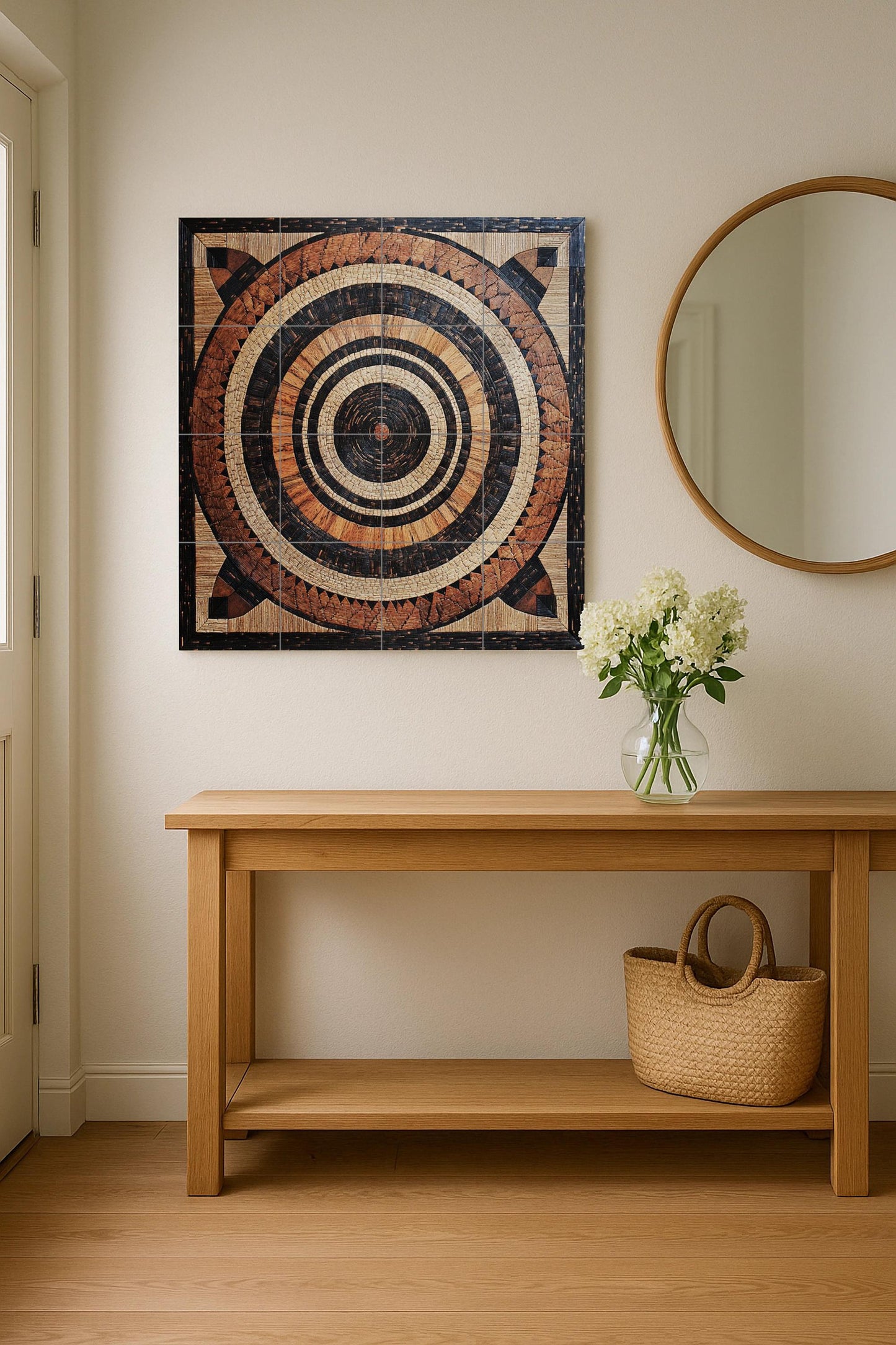 Malawian basket ceramic mural: Tribal art with concentric tiles, wall panel with earthy weave pattern, African-inspired decorative design