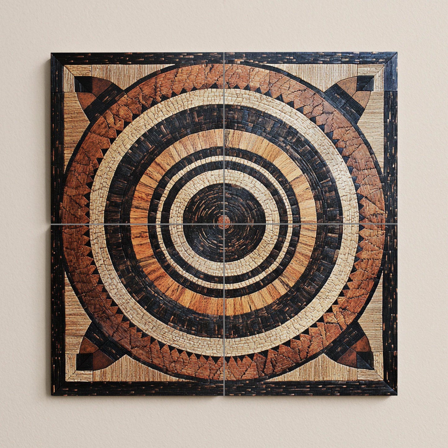 Malawian basket ceramic mural: Tribal art with concentric tiles, wall panel with earthy weave pattern, African-inspired decorative design