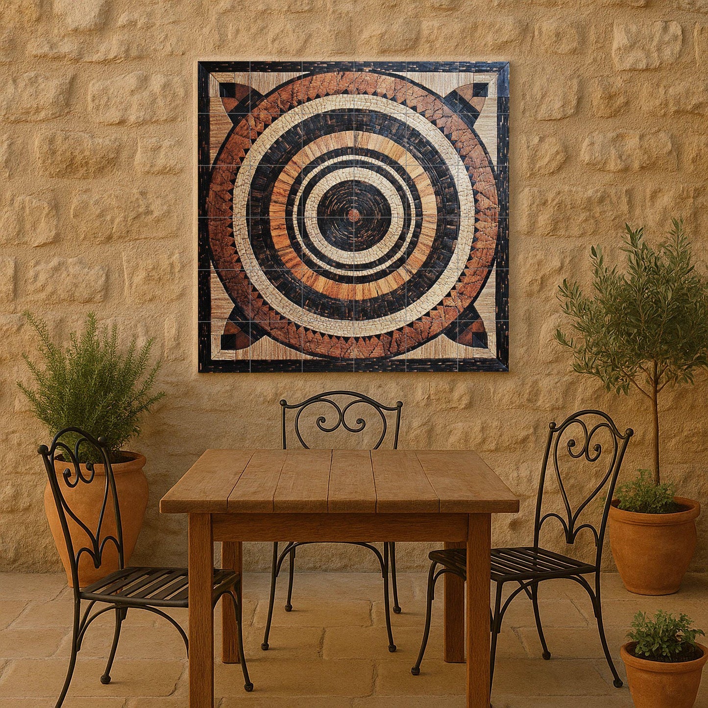 Malawian basket ceramic mural: Tribal art with concentric tiles, wall panel with earthy weave pattern, African-inspired decorative design