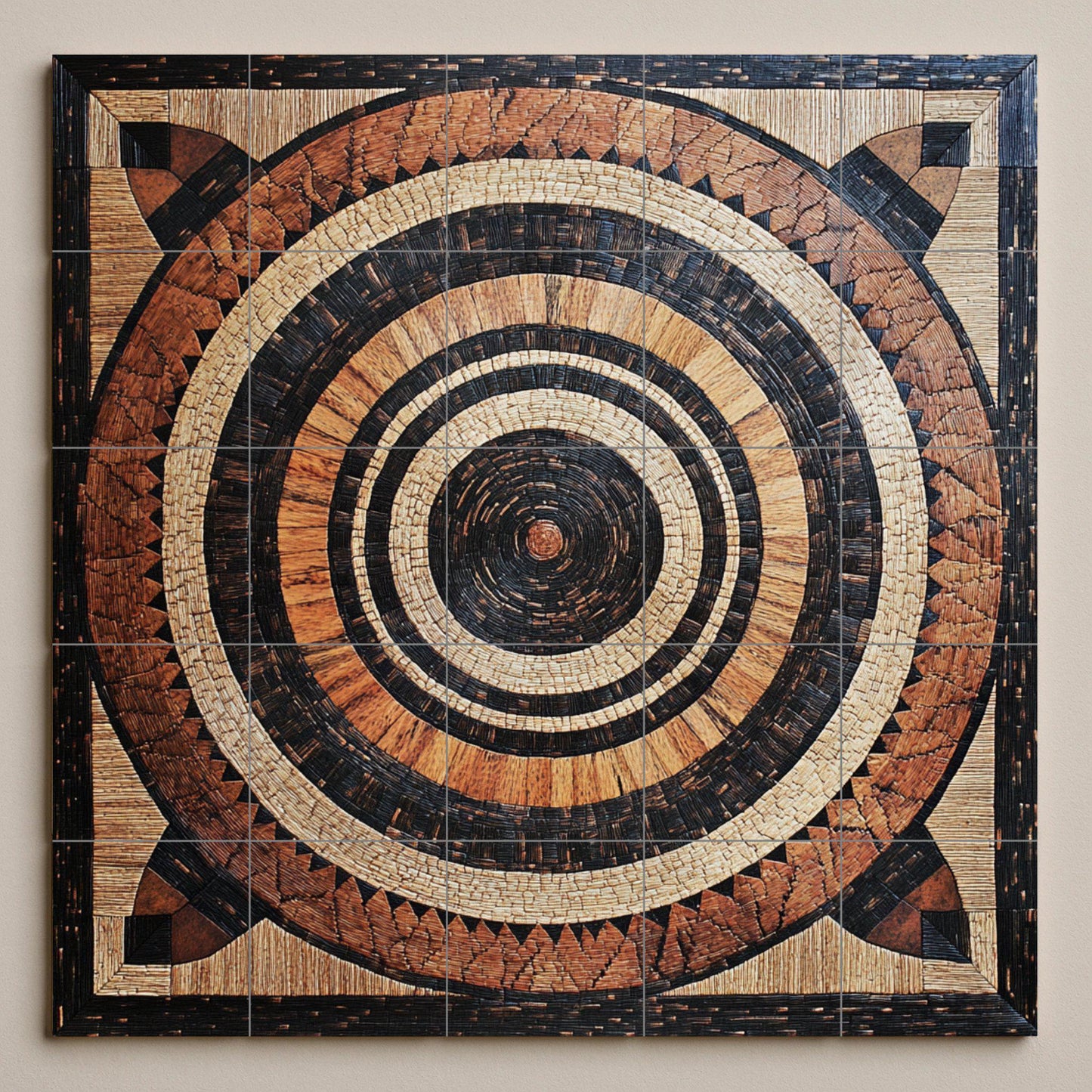 Malawian basket ceramic mural: Tribal art with concentric tiles, wall panel with earthy weave pattern, African-inspired decorative design
