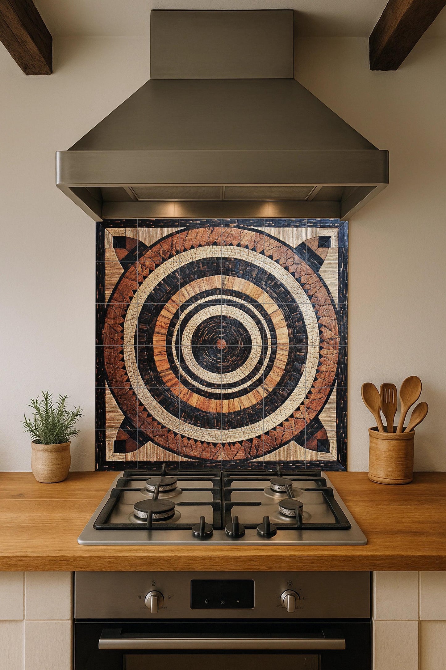 Malawian basket ceramic mural: Tribal art with concentric tiles, wall panel with earthy weave pattern, African-inspired decorative design