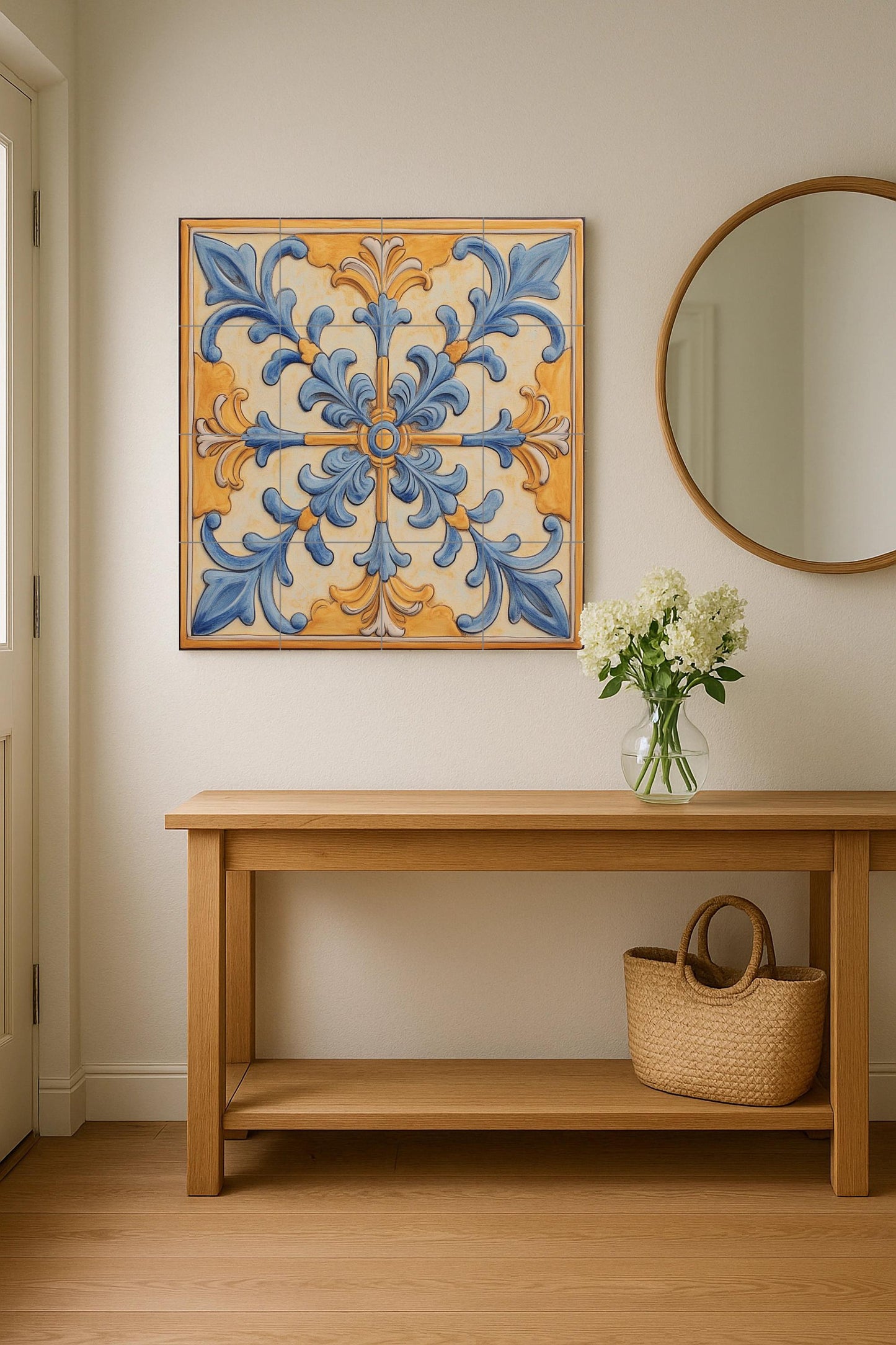 Mediterranean ceramic mural: ornamental art in blue and gold, baroque-inspired wall panel, decorative floral design with scrolls.
