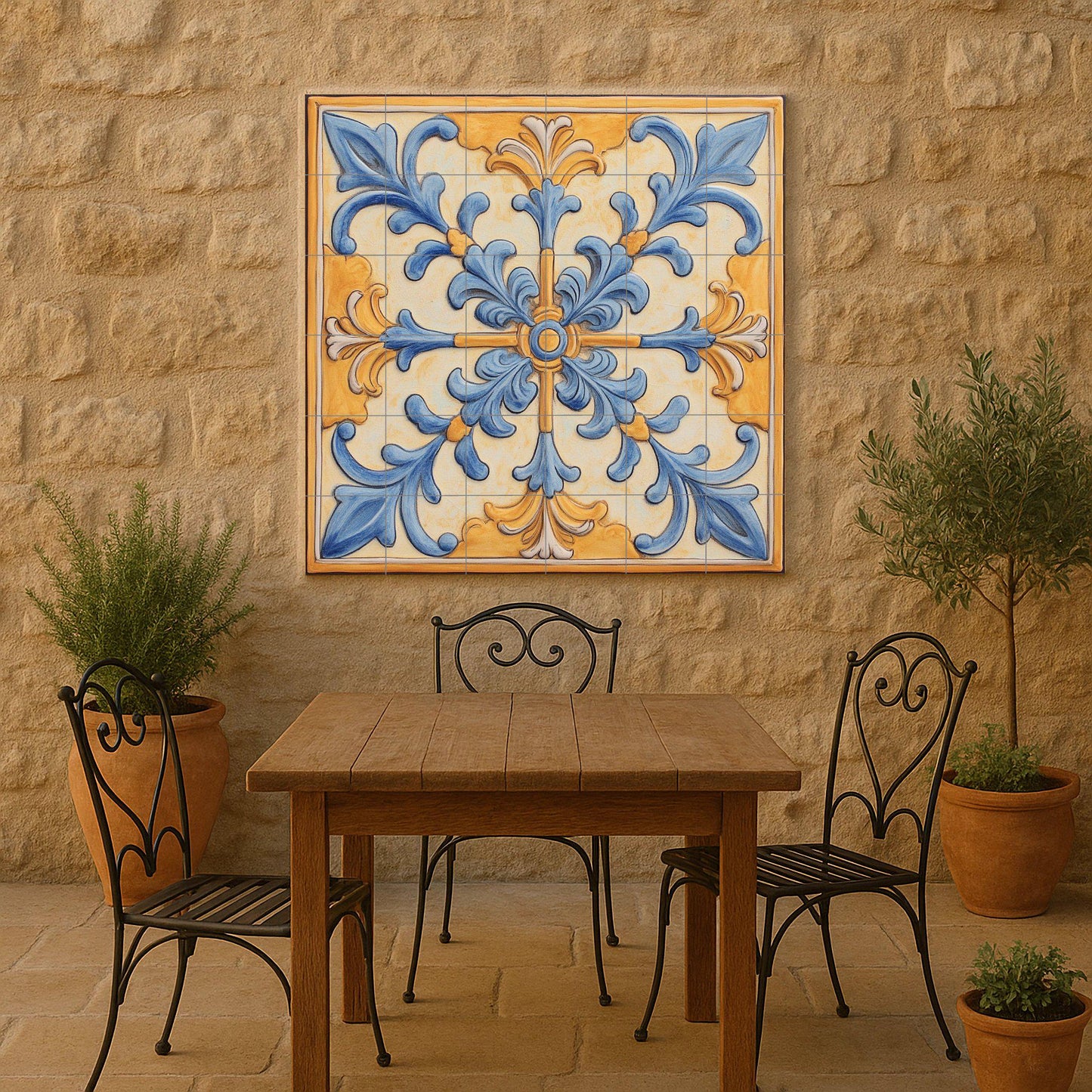 Mediterranean ceramic mural: ornamental art in blue and gold, baroque-inspired wall panel, decorative floral design with scrolls.