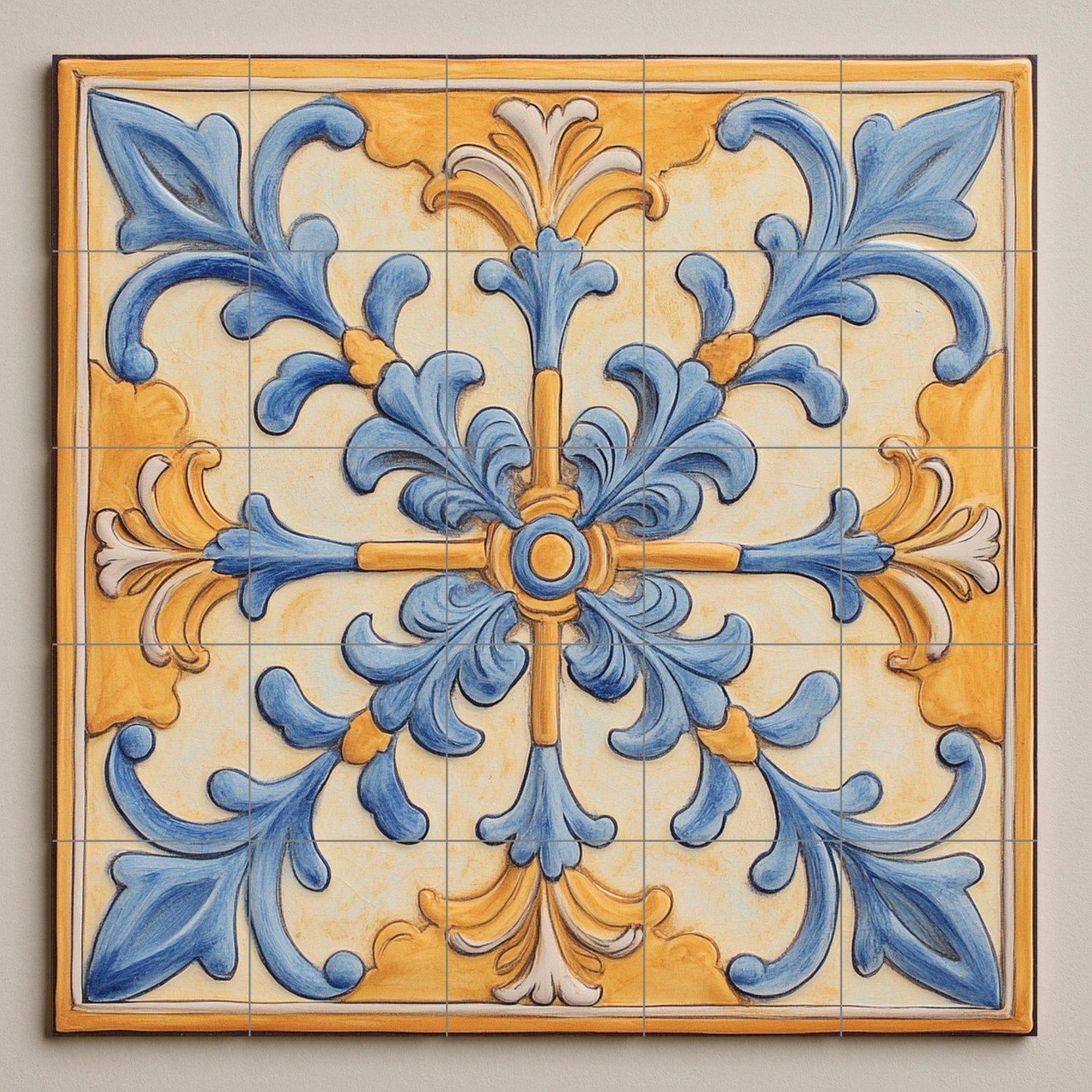 Mediterranean ceramic mural: ornamental art in blue and gold, baroque-inspired wall panel, decorative floral design with scrolls.