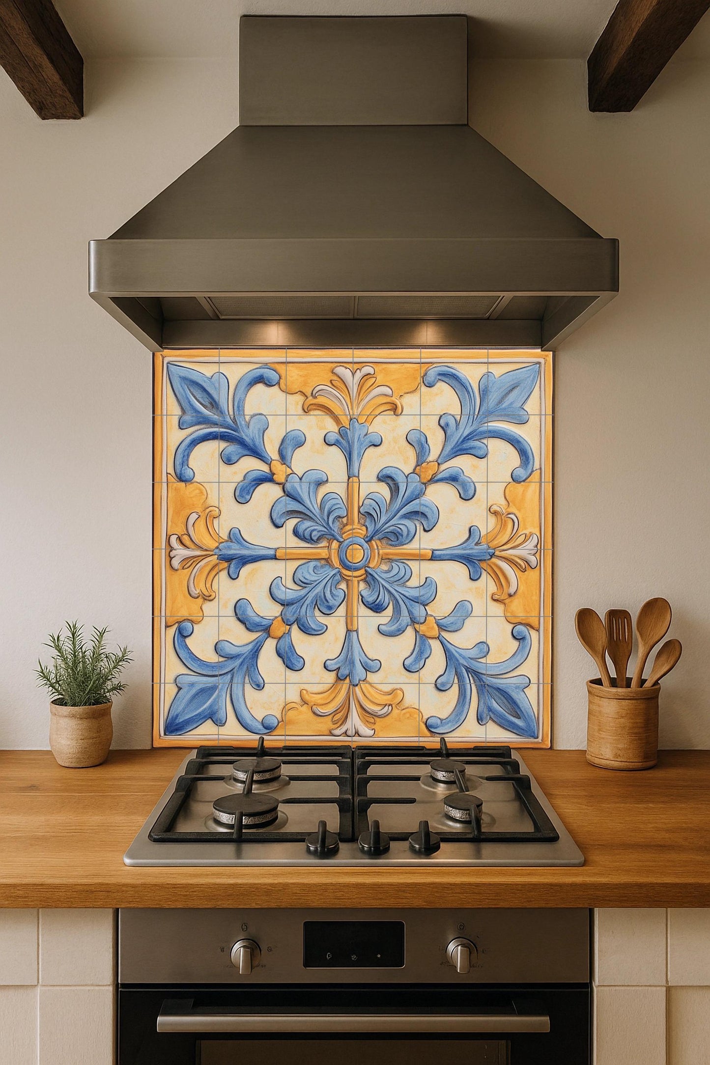 Mediterranean ceramic mural: ornamental art in blue and gold, baroque-inspired wall panel, decorative floral design with scrolls.