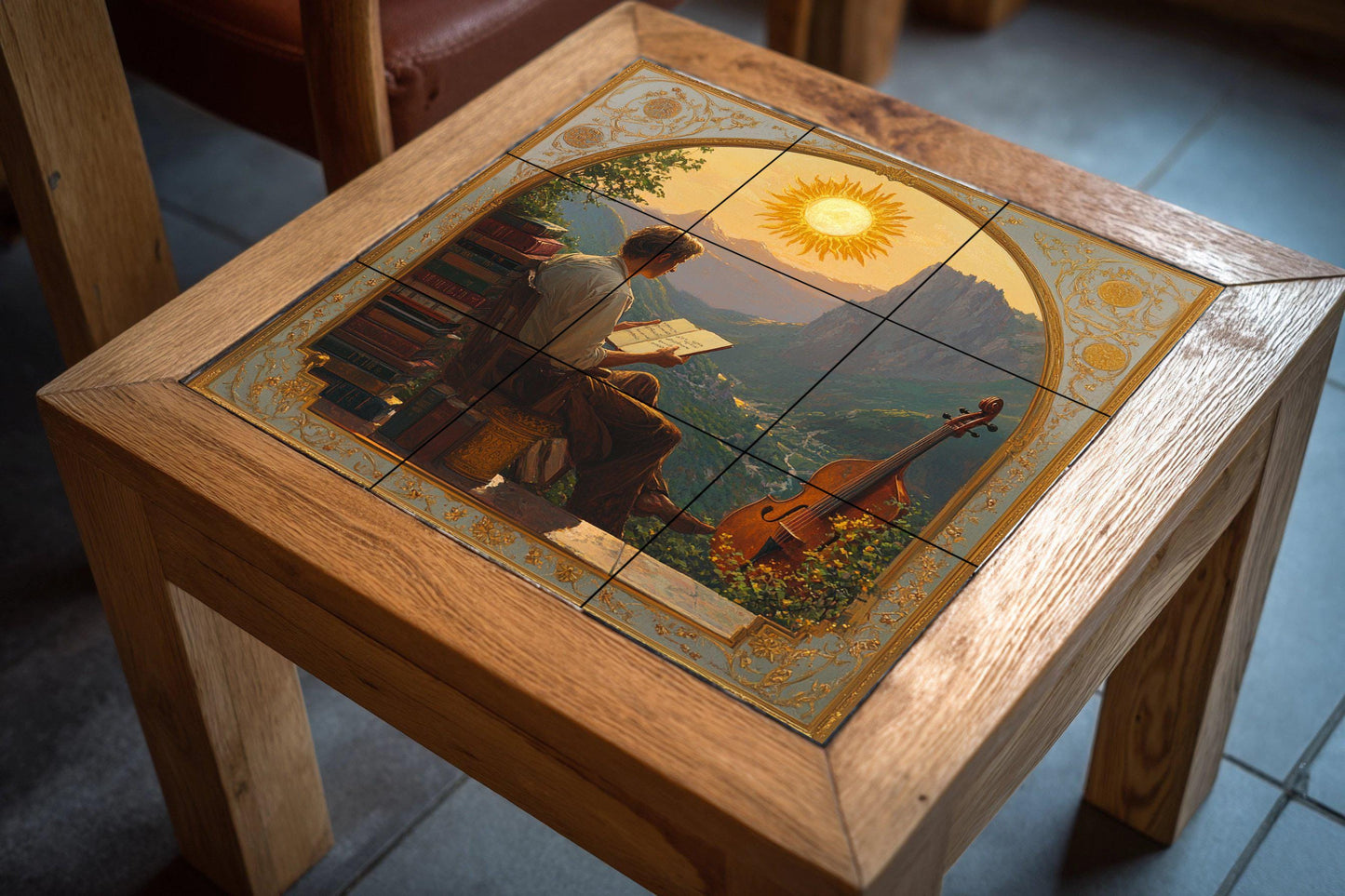Dolomites ceramic mural: Romantic tile art with musician at sunset, wall panel with alpine landscape and artistic mountain scene.
