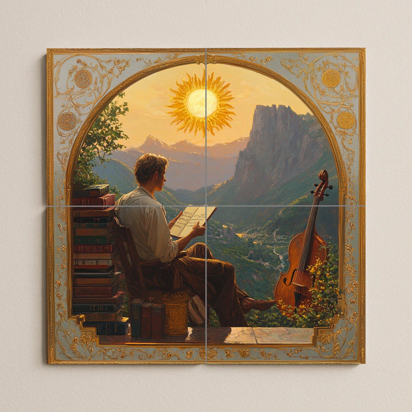 Dolomites ceramic mural: Romantic tile art with musician at sunset, wall panel with alpine landscape and artistic mountain scene.