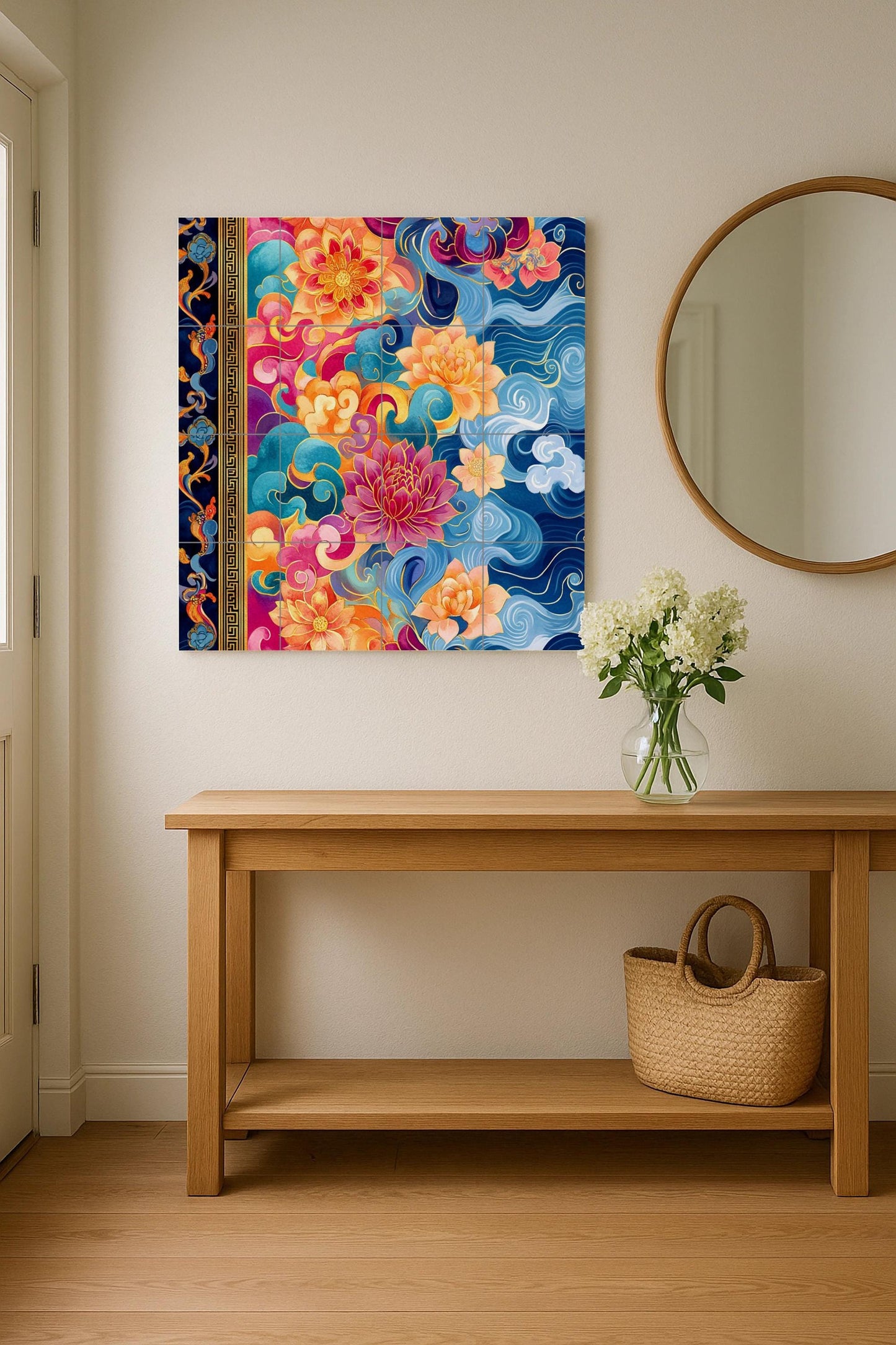 Tibetan thangka ceramic mural: lotus mandala with sacred clouds, golden parchment border, vibrant ornamental wall art with radiant pigments.