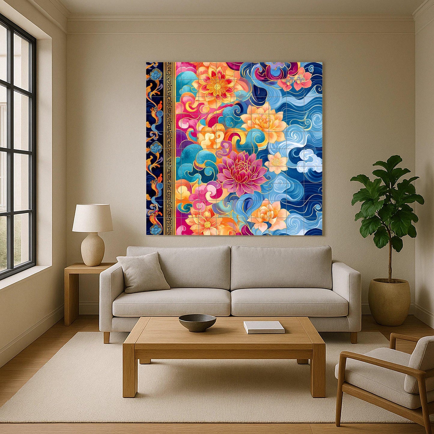 Tibetan thangka ceramic mural: lotus mandala with sacred clouds, golden parchment border, vibrant ornamental wall art with radiant pigments.