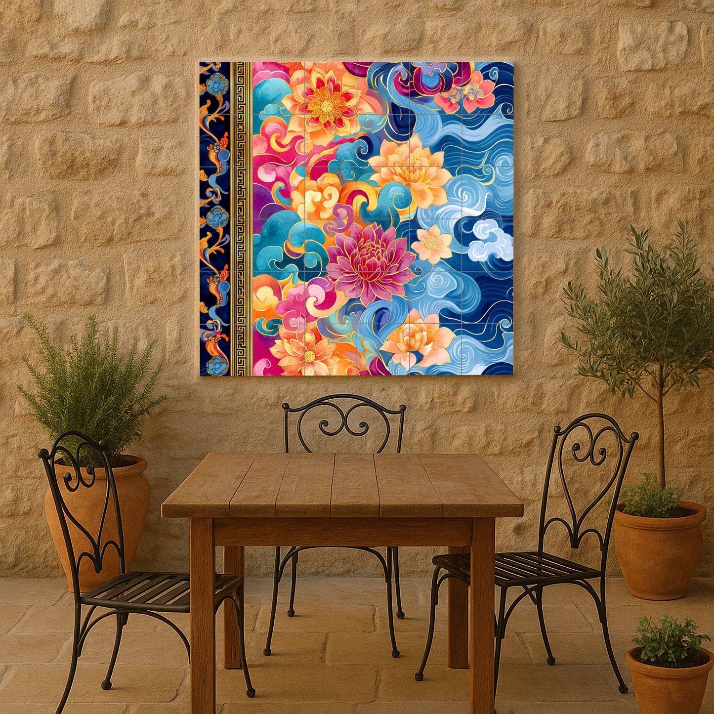 Tibetan thangka ceramic mural: lotus mandala with sacred clouds, golden parchment border, vibrant ornamental wall art with radiant pigments.