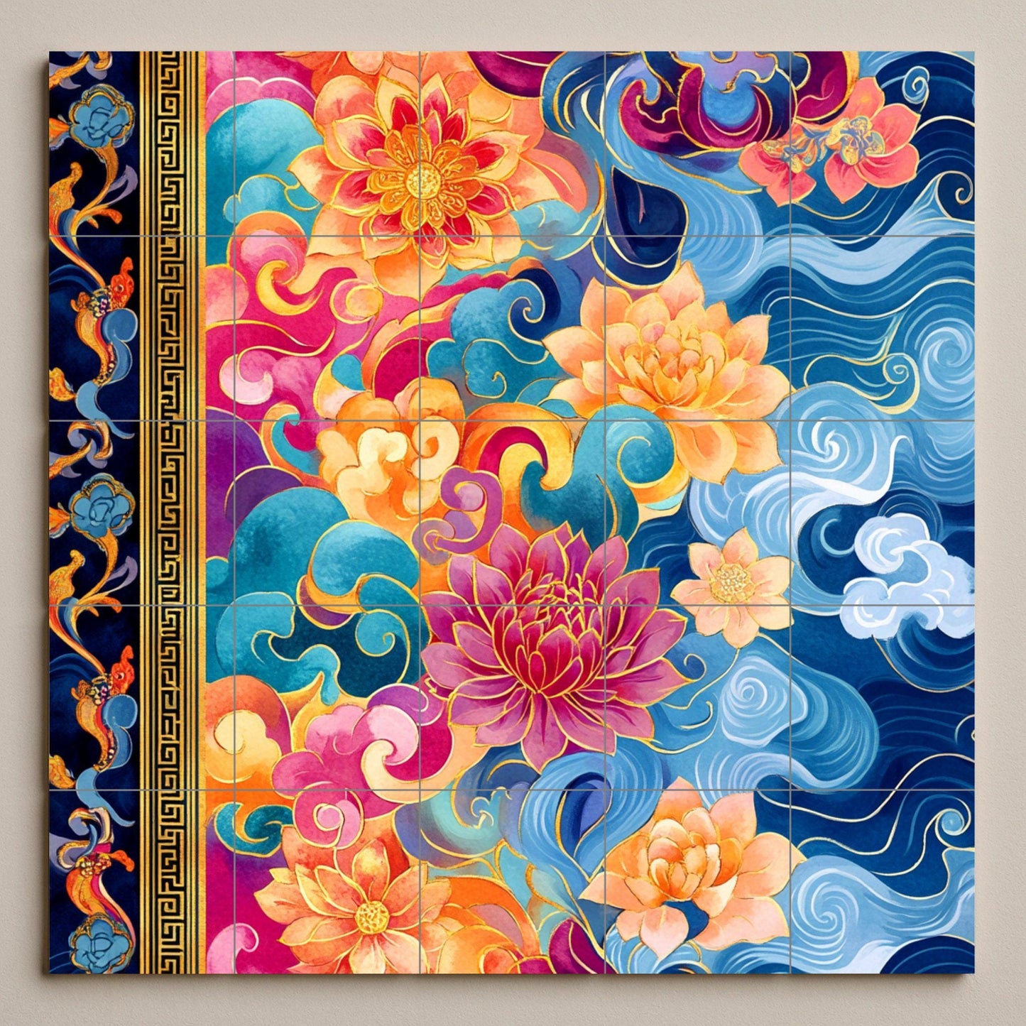 Tibetan thangka ceramic mural: lotus mandala with sacred clouds, golden parchment border, vibrant ornamental wall art with radiant pigments.