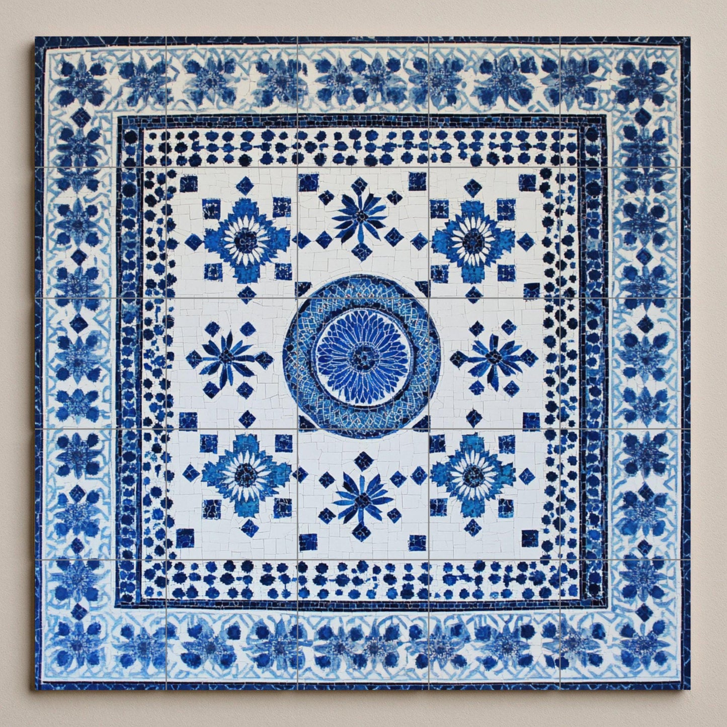 North African ceramic mural: Fez, Tunis, Marrakech, Algiers, Chefchaouen, blue and white tile art with floral and geometric motifs.