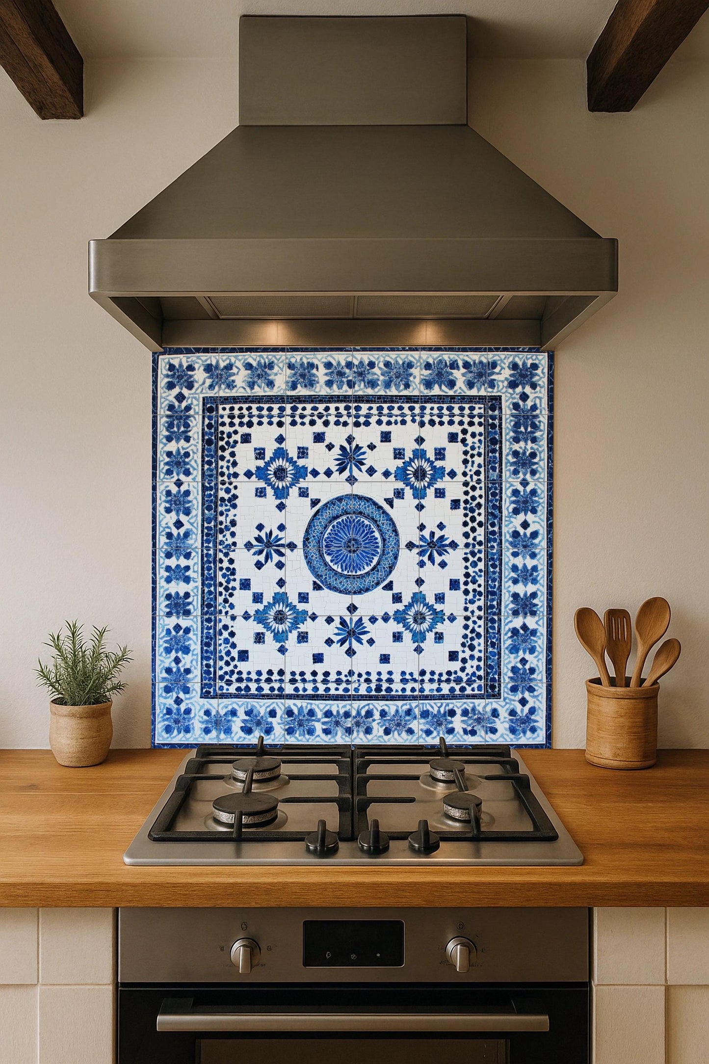 North African ceramic mural: Fez, Tunis, Marrakech, Algiers, Chefchaouen, blue and white tile art with floral and geometric motifs.