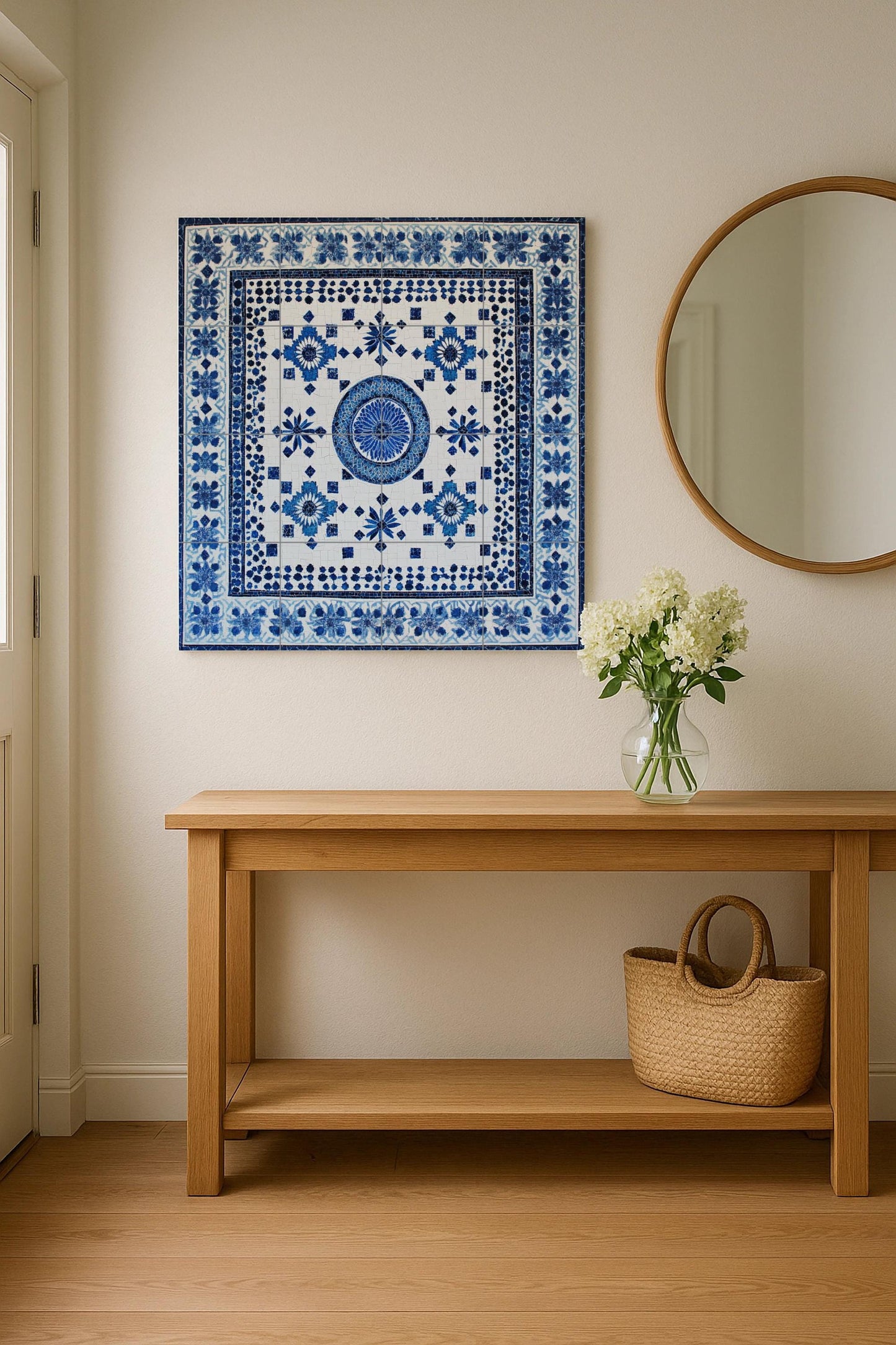 North African ceramic mural: Fez, Tunis, Marrakech, Algiers, Chefchaouen, blue and white tile art with floral and geometric motifs.